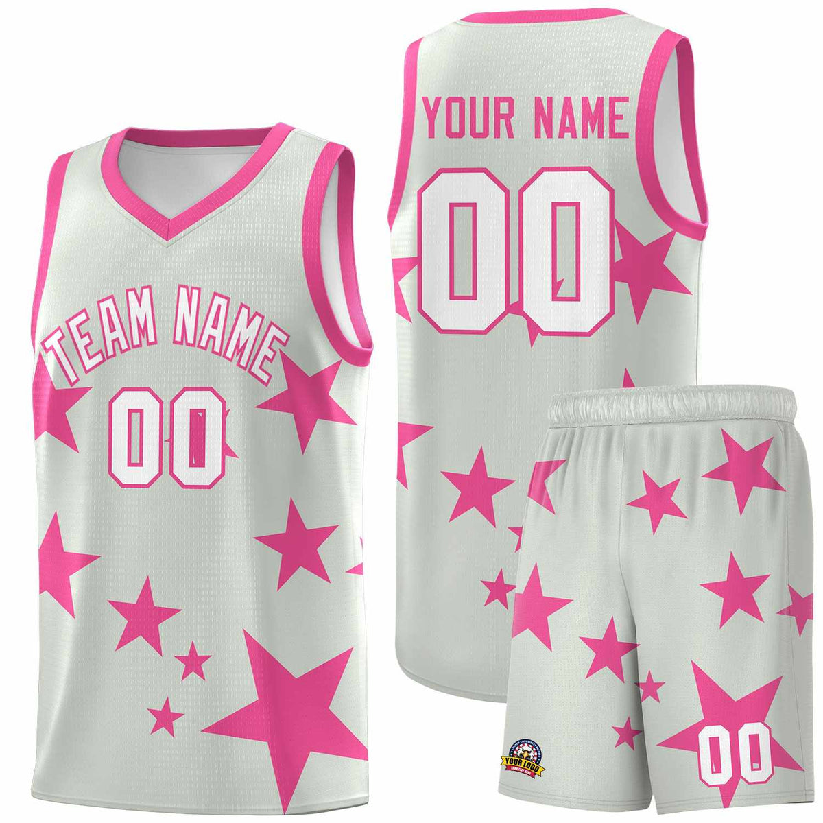 Custom Gray Pink Graffiti Pattern Star Print Basketball Jersey Sets