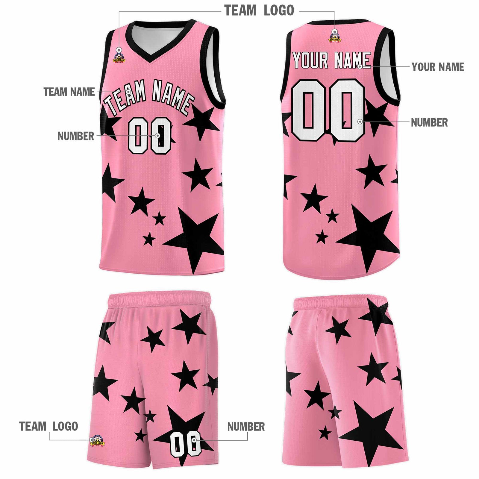 Custom Light Pink Black Graffiti Pattern Star Print Basketball Jersey Sets