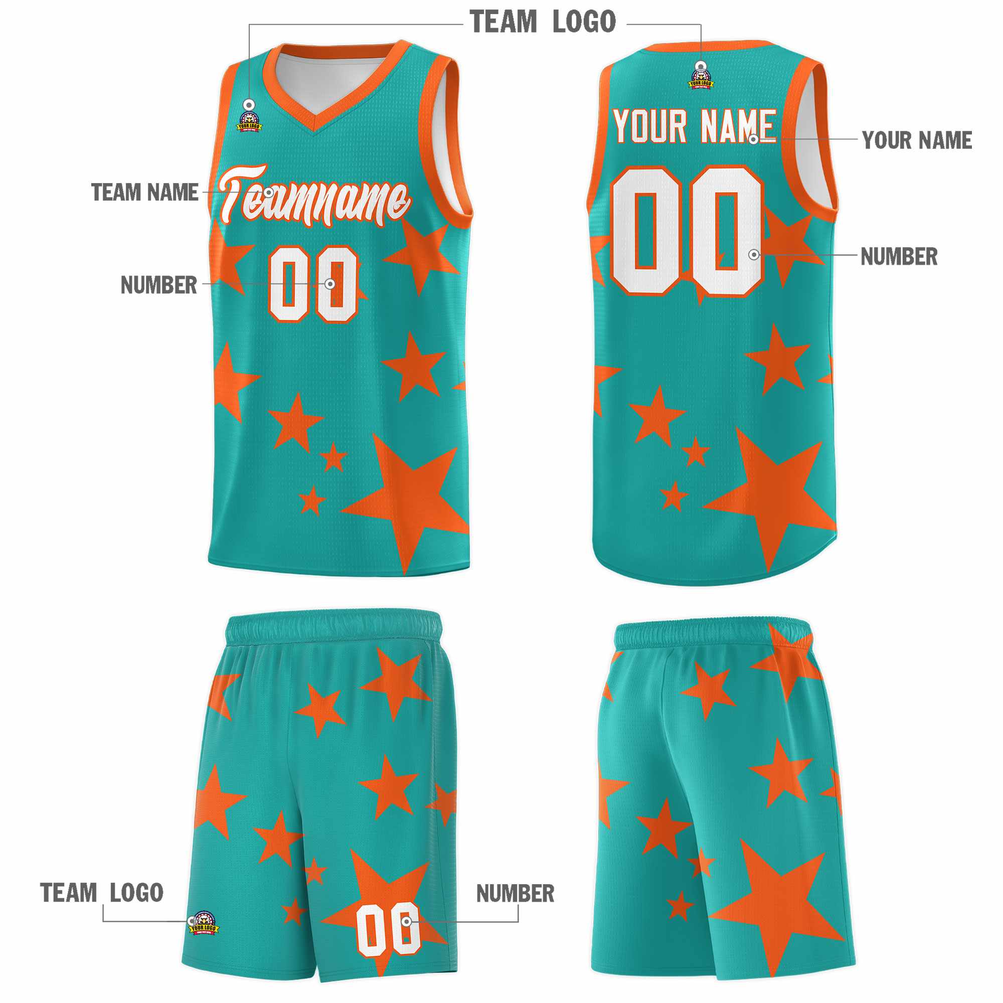 Custom Aqua Orange Graffiti Pattern Star Print Basketball Jersey Sets