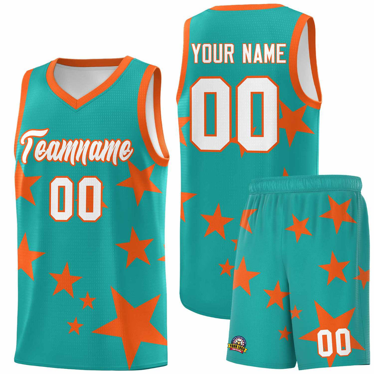 Custom Aqua Orange Graffiti Pattern Star Print Basketball Jersey Sets