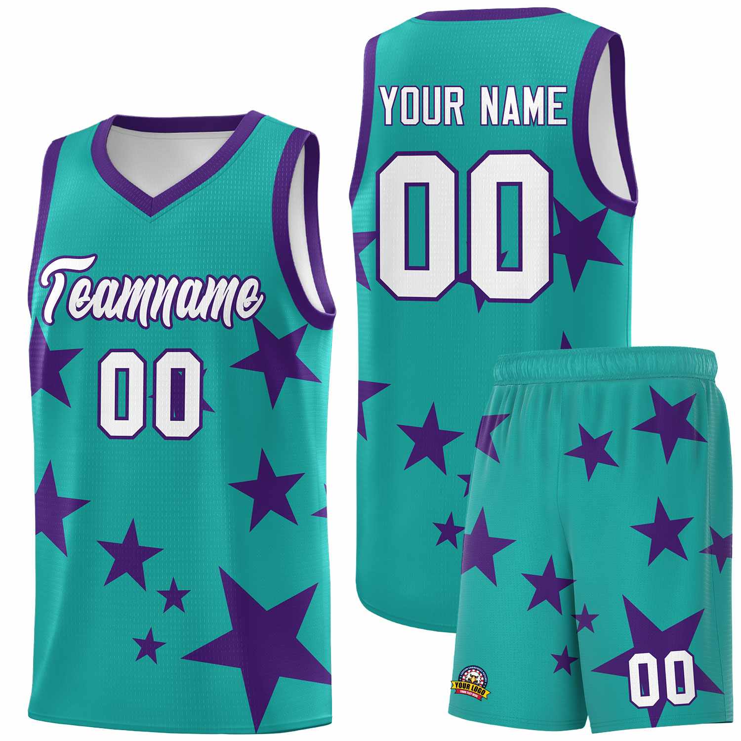 Custom Aqua Purple Graffiti Pattern Star Print Basketball Jersey Sets