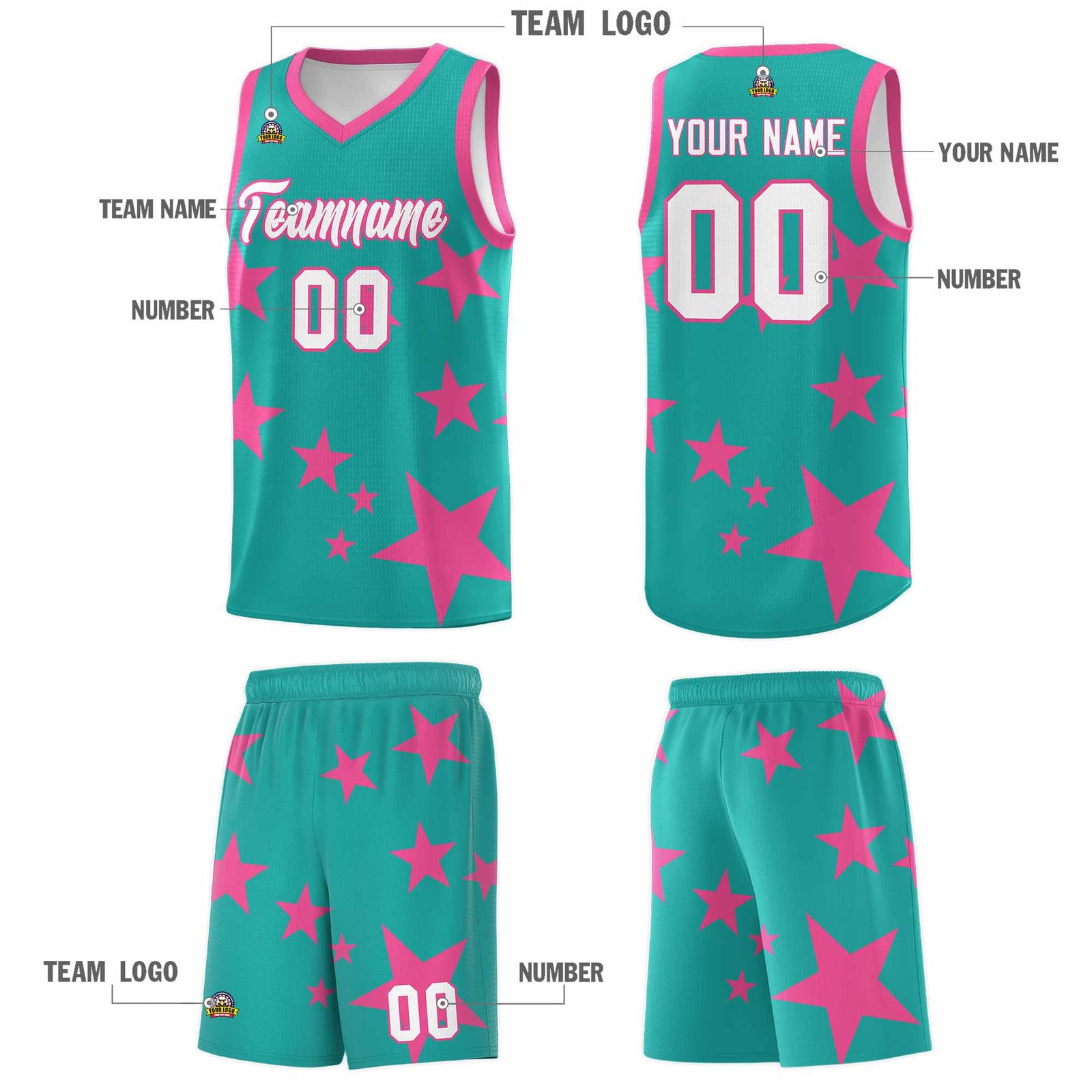Custom Aqua Pink Graffiti Pattern Star Print Basketball Jersey Sets