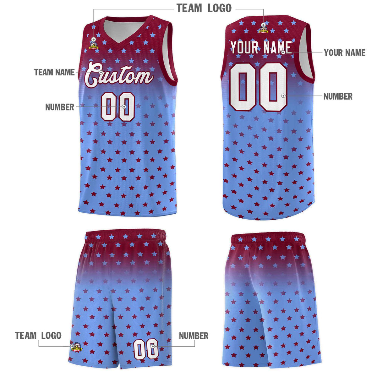 Custom Crimson Light Blue Gradient Start Pattern Basketball Jersey Sets
