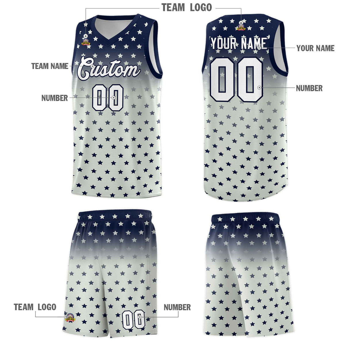Custom Navy Gray Gradient Start Pattern Basketball Jersey Sets