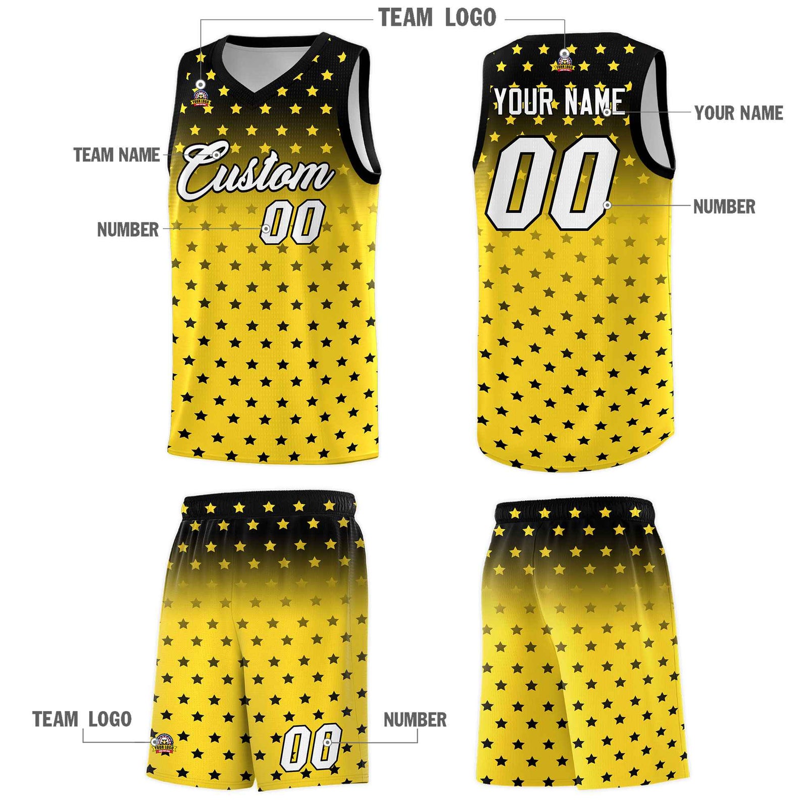 Custom Black Gold Gradient Start Pattern Basketball Jersey Sets