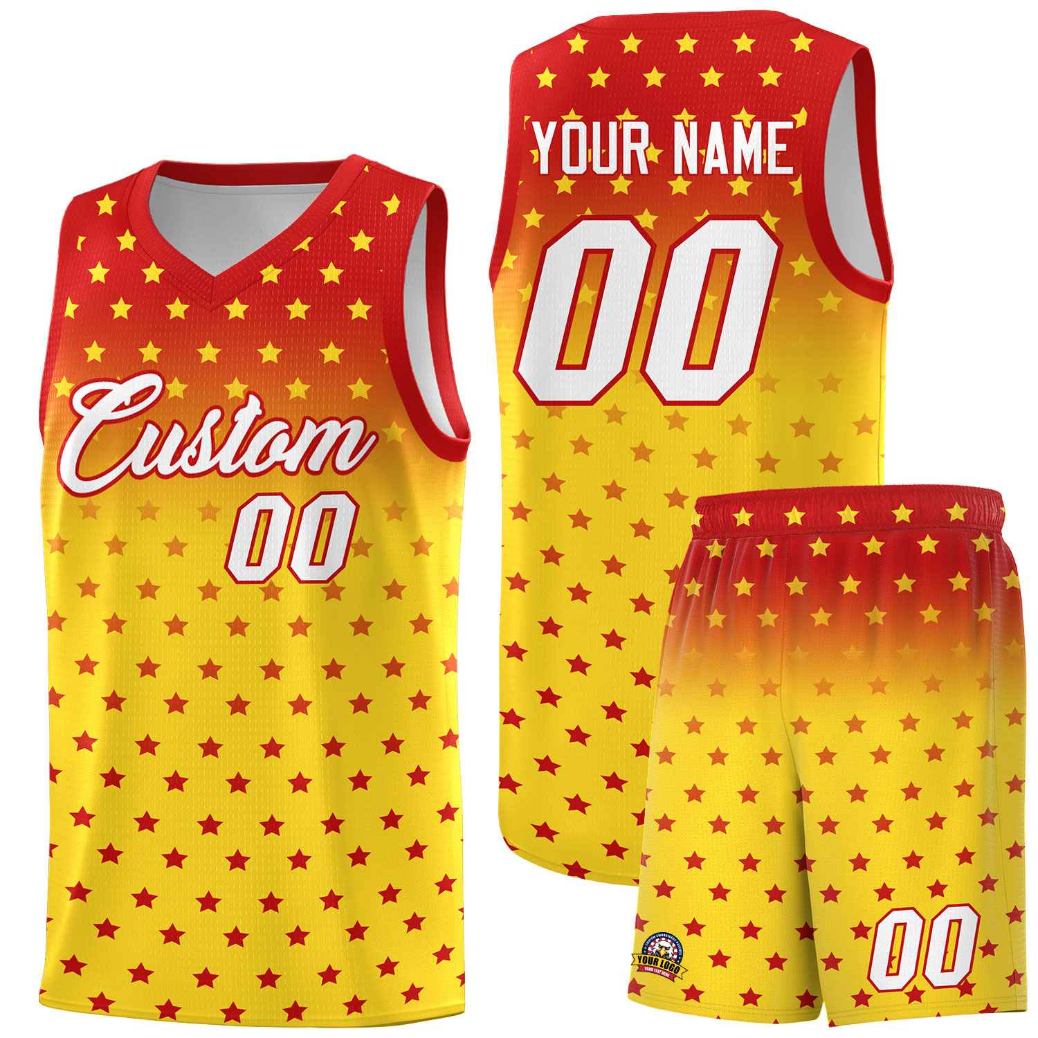 Custom Red Gold Gradient Start Pattern Basketball Jersey Sets