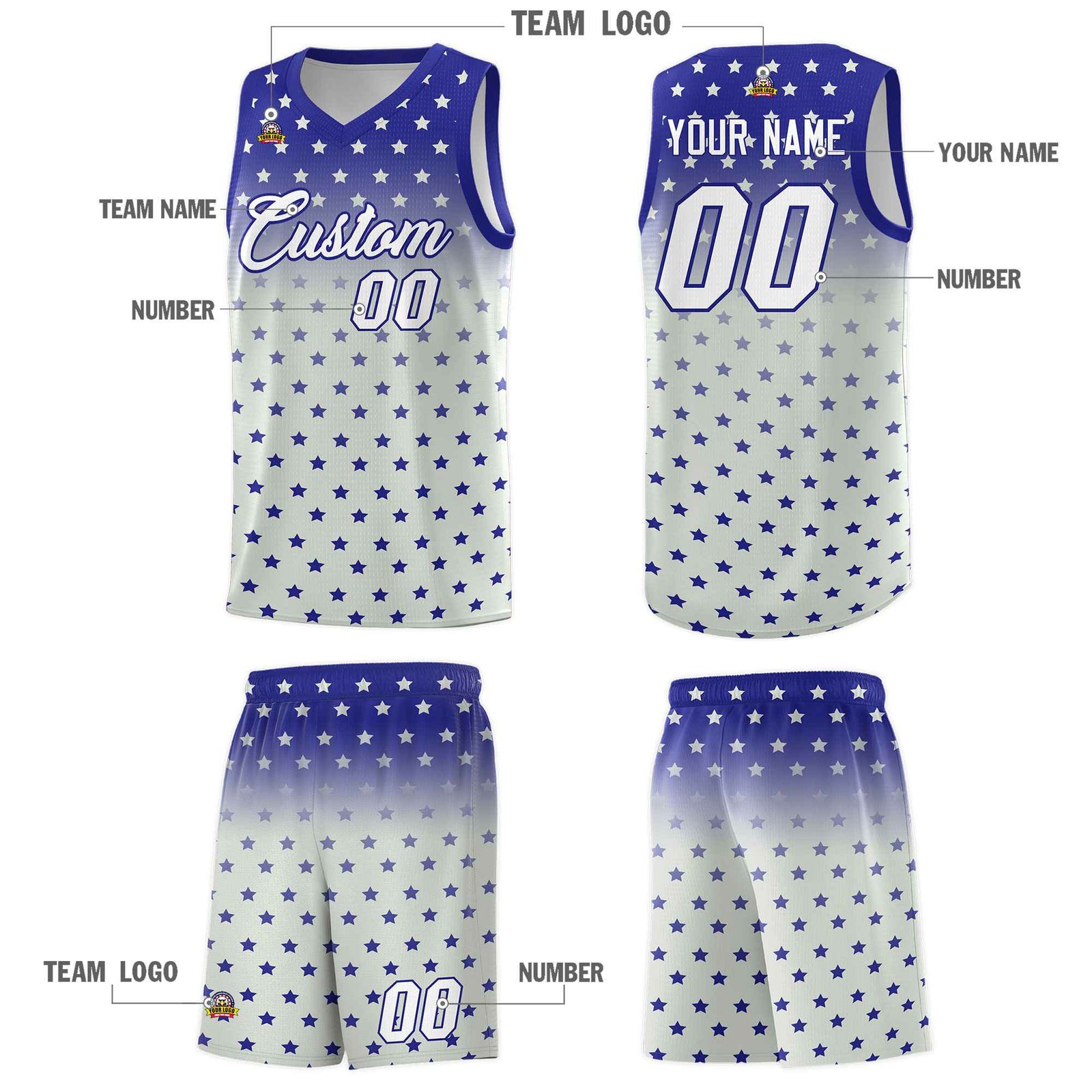 Custom Royal Gray Gradient Start Pattern Basketball Jersey Sets