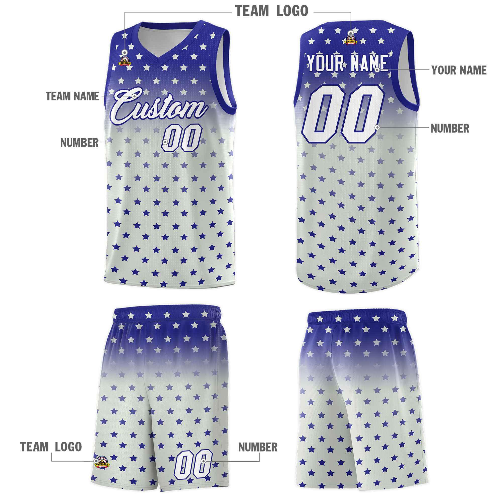Custom Royal Gray Gradient Start Pattern Basketball Jersey Sets