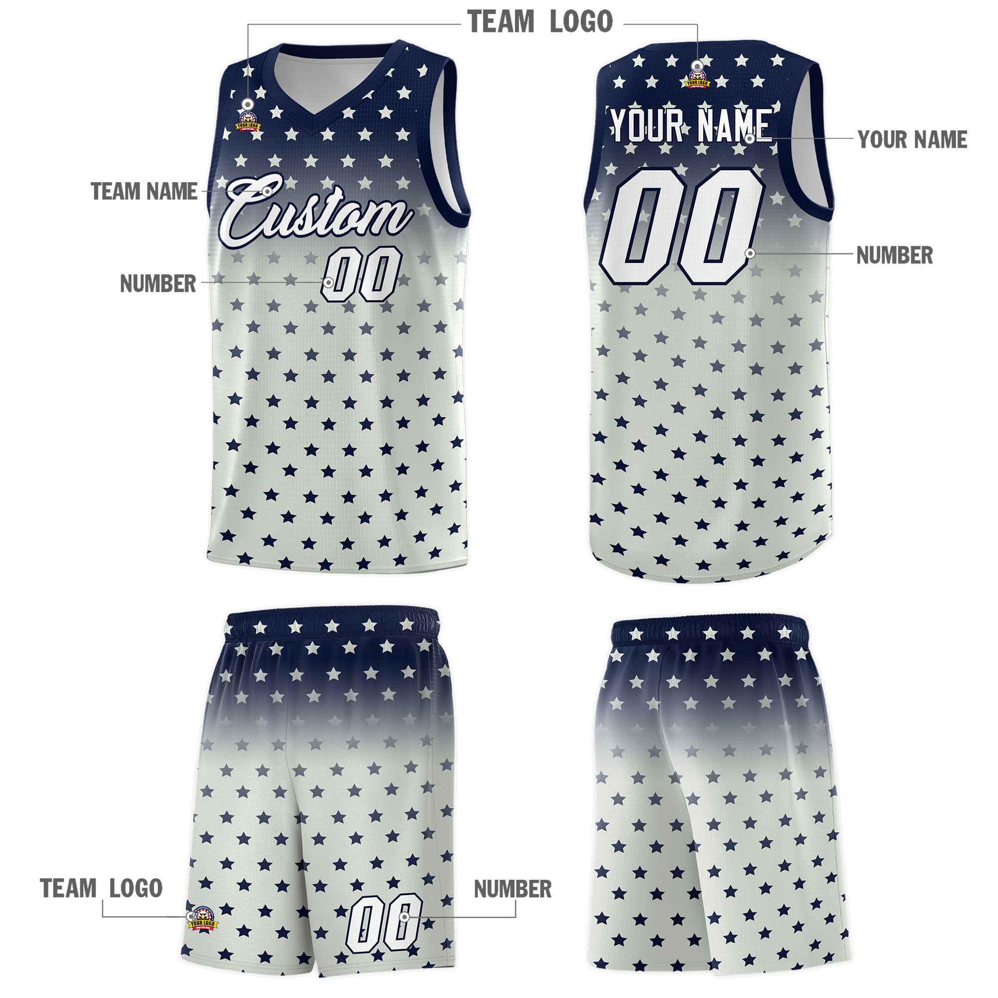 Custom Navy Gray Gradient Start Pattern Basketball Jersey Sets