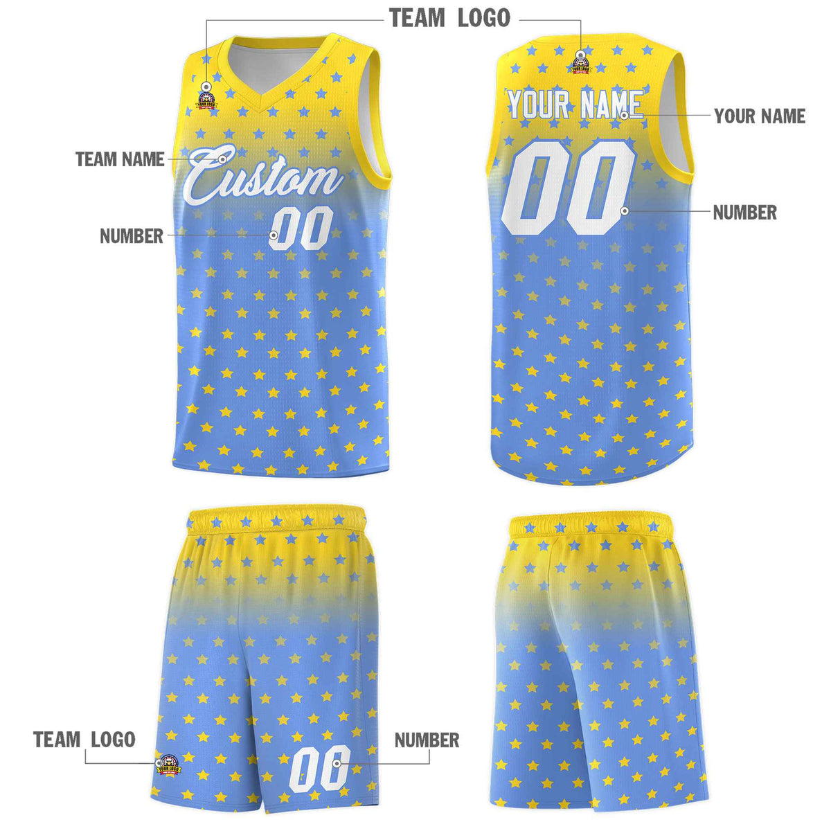 Custom Gold Light Blue Gradient Start Pattern Basketball Jersey Sets