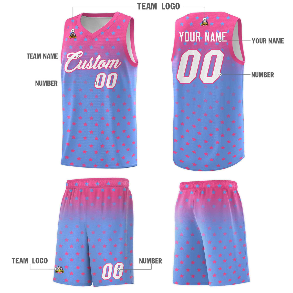 Custom Pink Light Blue Gradient Start Pattern Basketball Jersey Sets