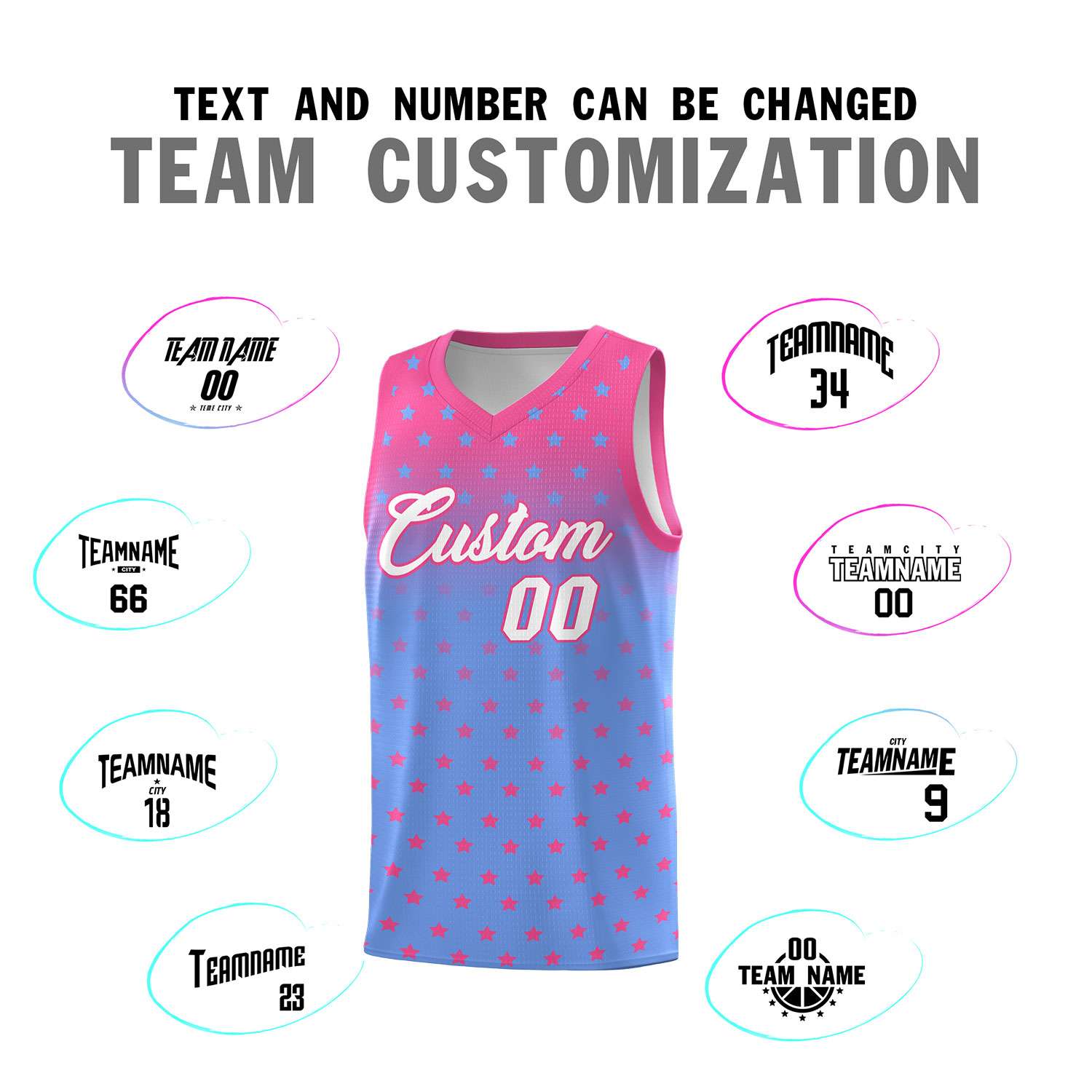 Custom Pink Light Blue Gradient Start Pattern Basketball Jersey Sets