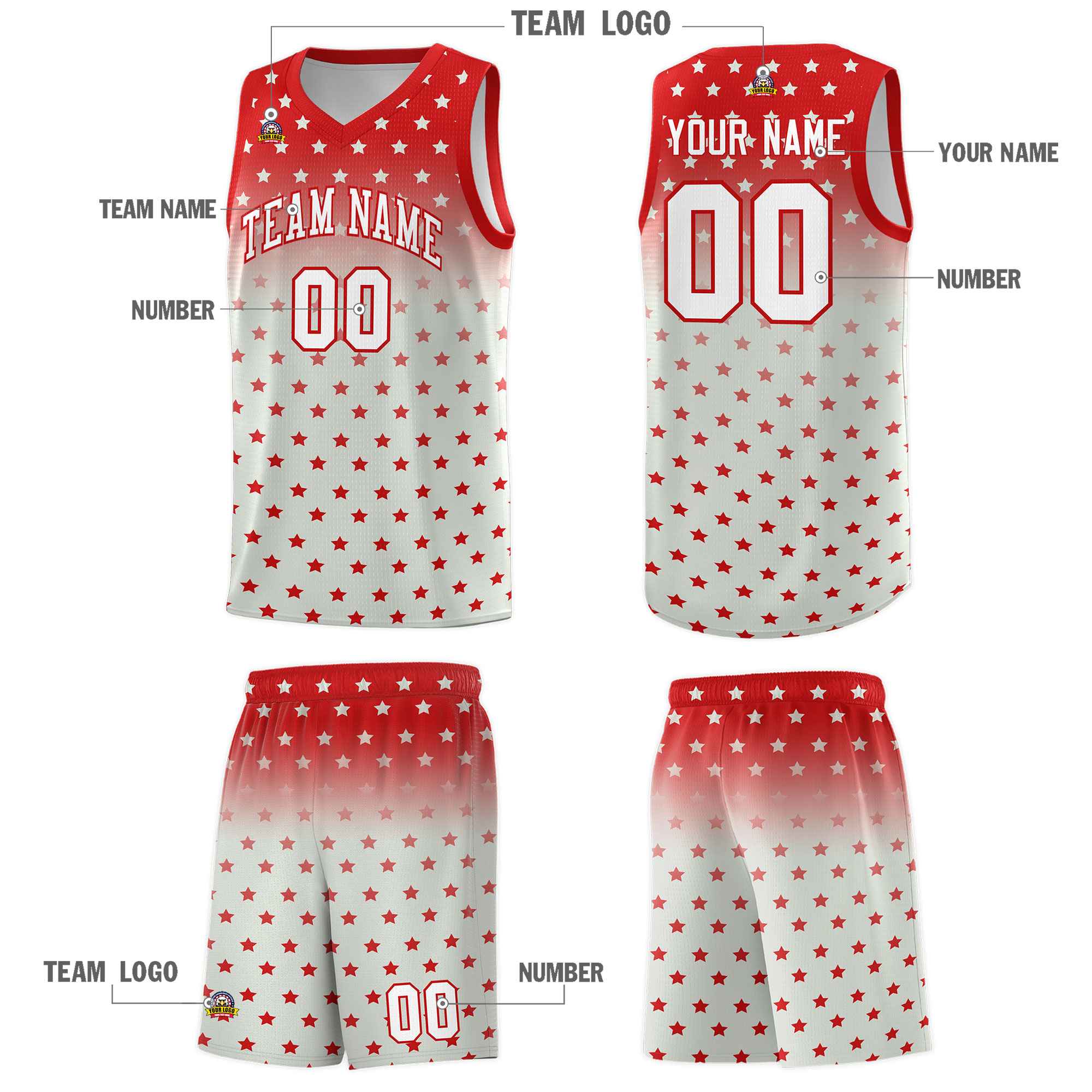 Custom Red Gray Gradient Start Pattern Basketball Jersey Sets