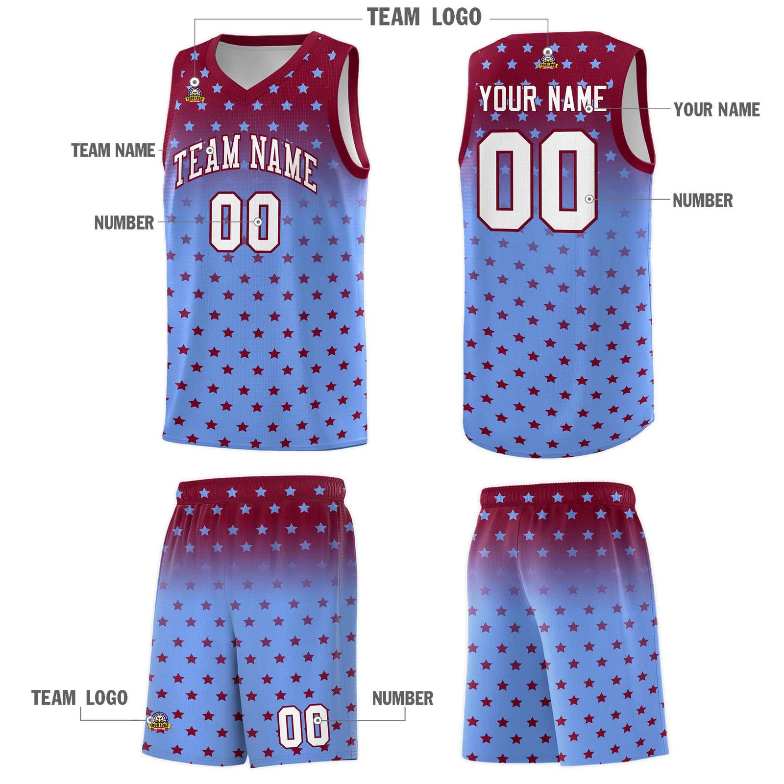 Custom Crimson Light Blue Gradient Start Pattern Basketball Jersey Sets