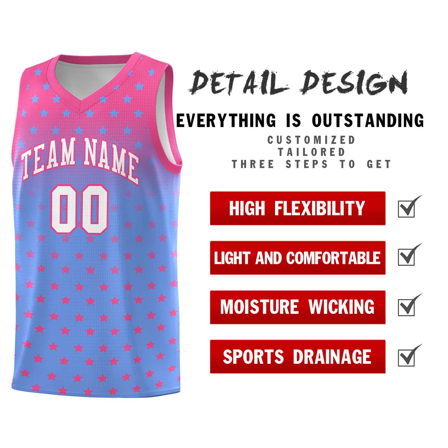 Custom Pink Light Blue Gradient Start Pattern Basketball Jersey Sets
