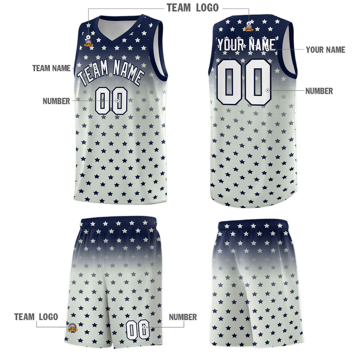 Custom Navy Gray Gradient Start Pattern Basketball Jersey Sets