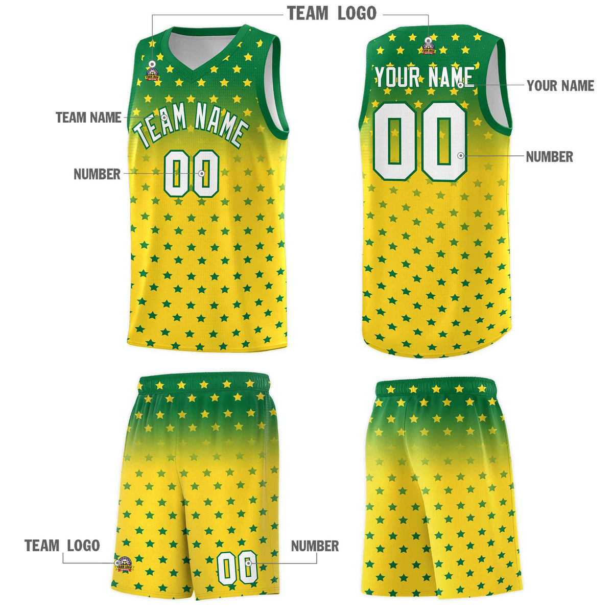 Custom Kelly Green Gold Gradient Start Pattern Basketball Jersey Sets