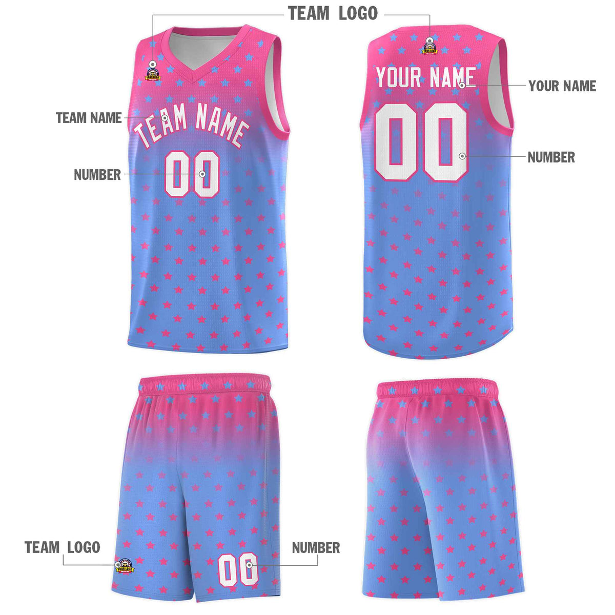 Custom Pink Light Blue Gradient Start Pattern Basketball Jersey Sets