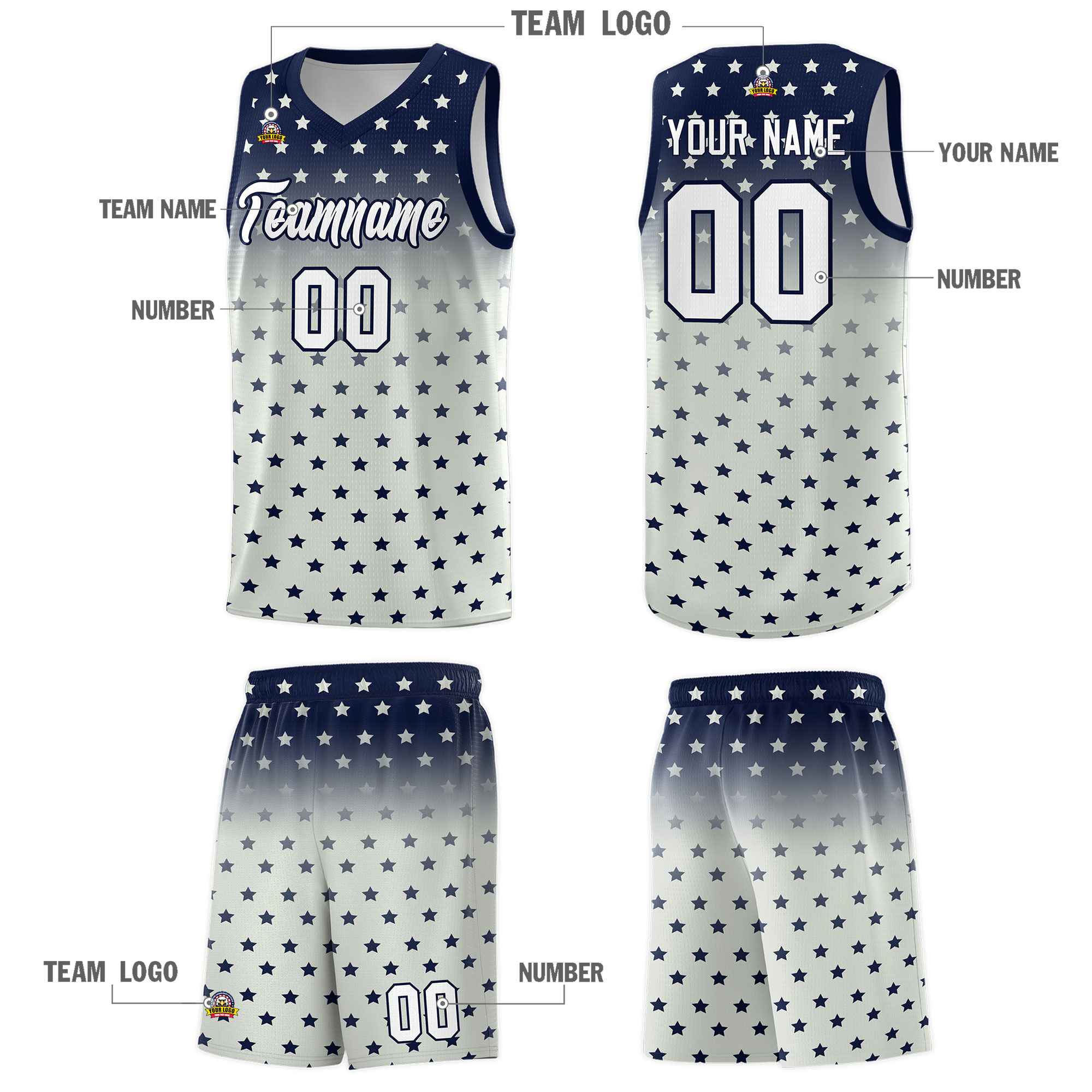 Custom Navy Gray Gradient Start Pattern Basketball Jersey Sets