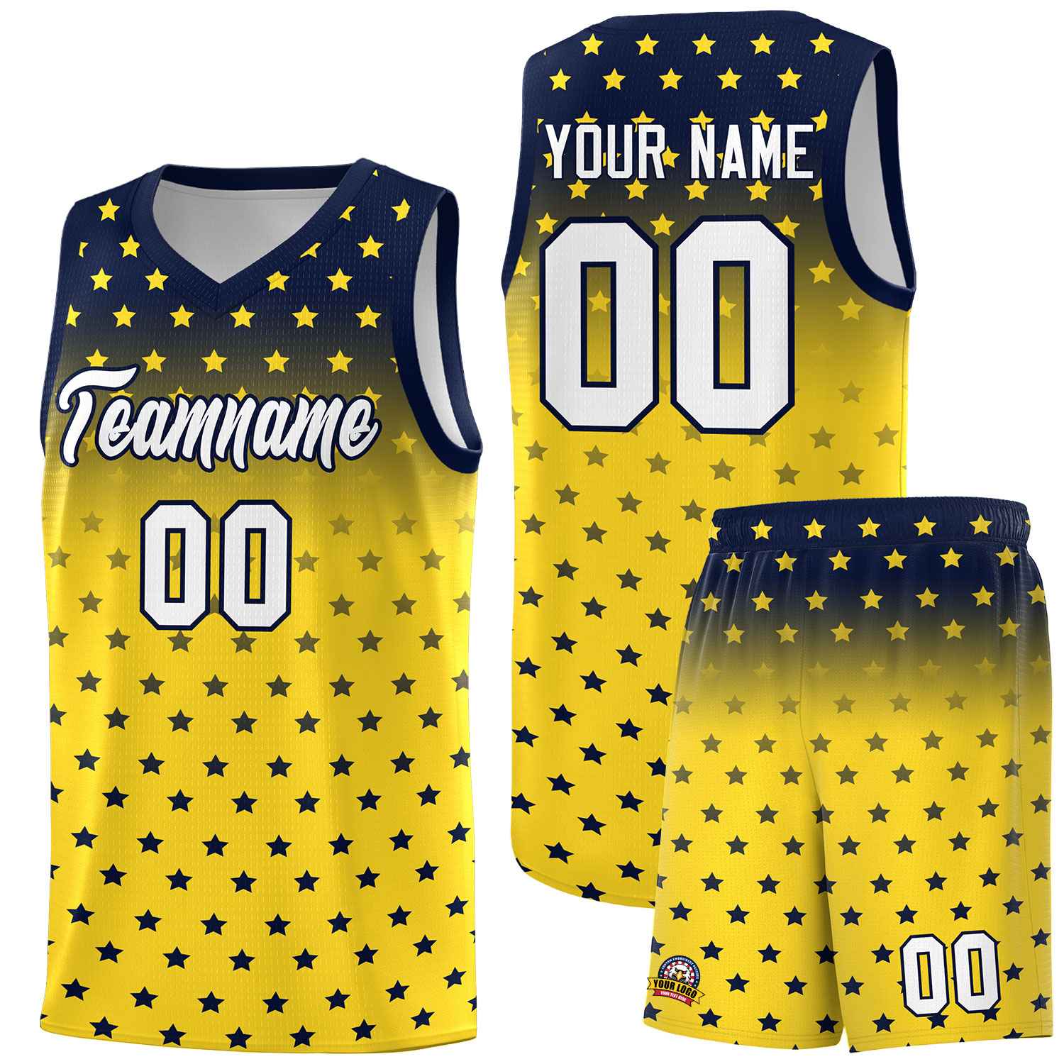 Custom Navy Gold Gradient Start Pattern Basketball Jersey Sets