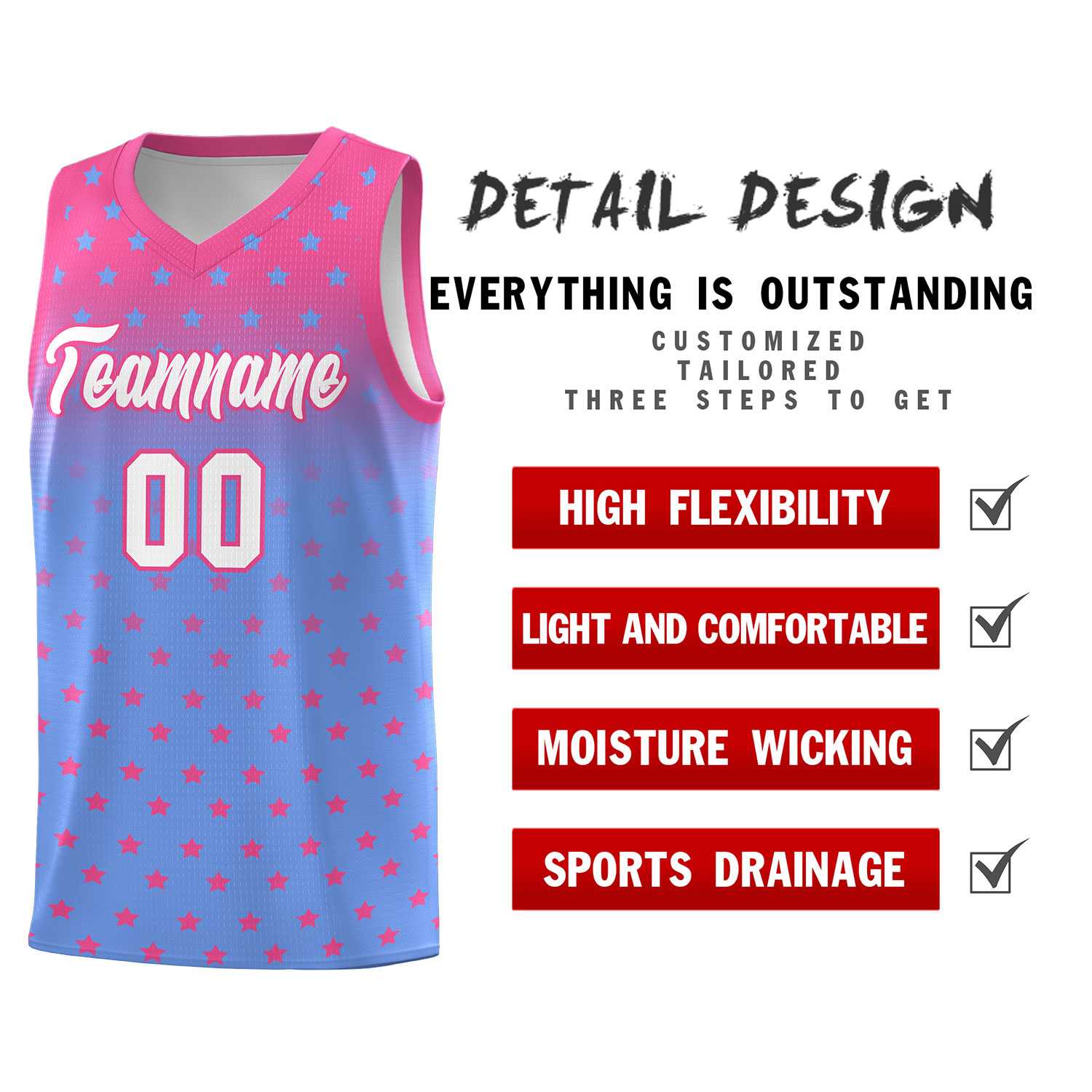 Custom Pink Light Blue Gradient Start Pattern Basketball Jersey Sets