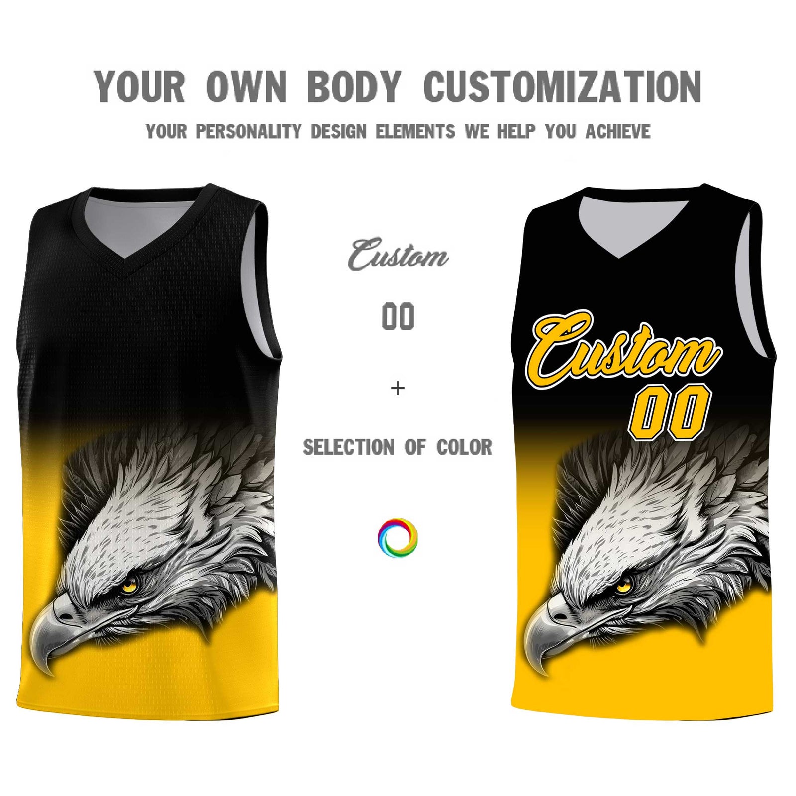 Custom Black Yellow Eagle Pattern Graffiti Pattern Sports Uniform Basketball Jersey
