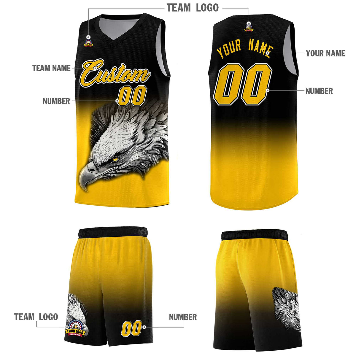 Custom Black Yellow Eagle Pattern Graffiti Pattern Sports Uniform Basketball Jersey
