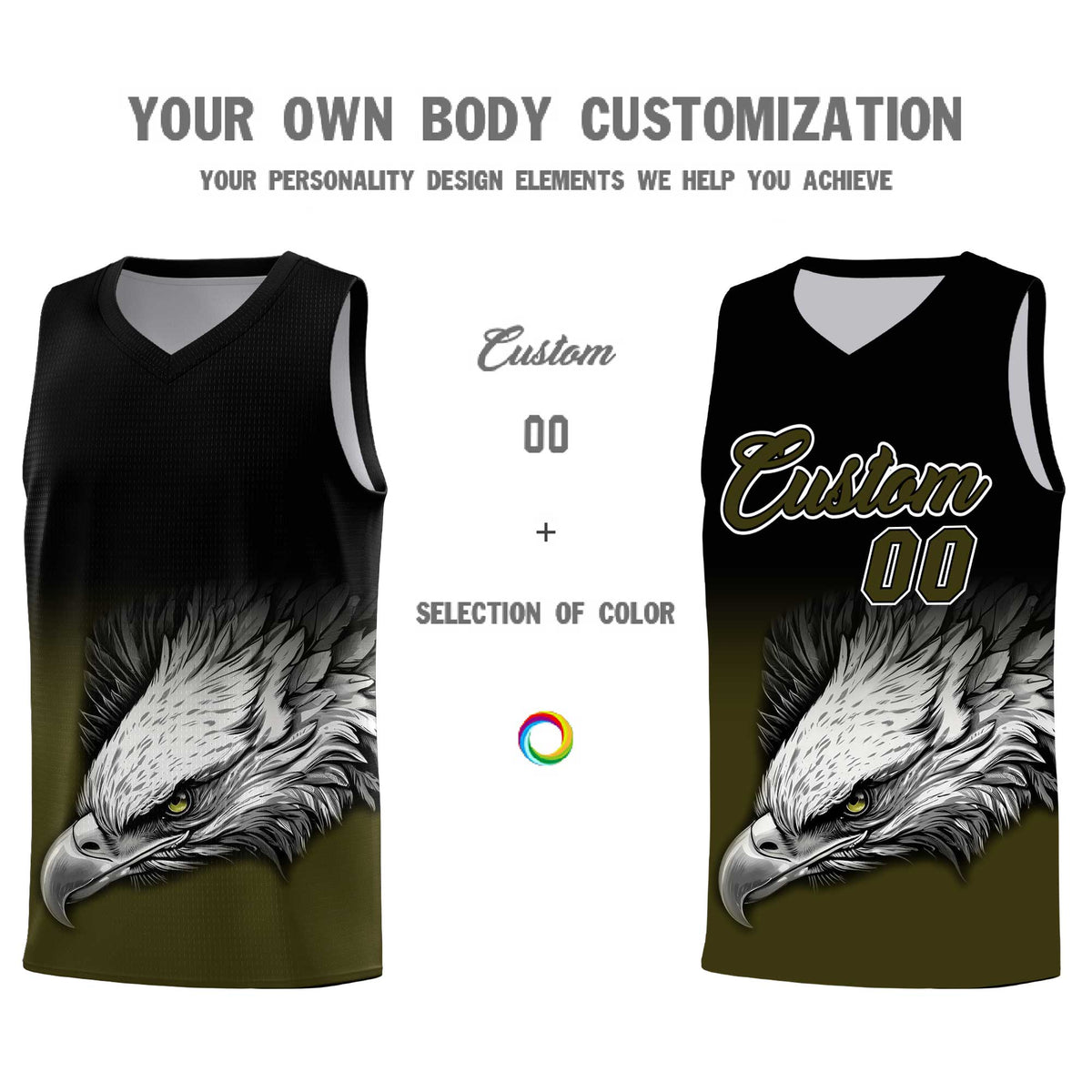 Custom Black Olive Eagle Pattern Graffiti Pattern Sports Uniform Basketball Jersey