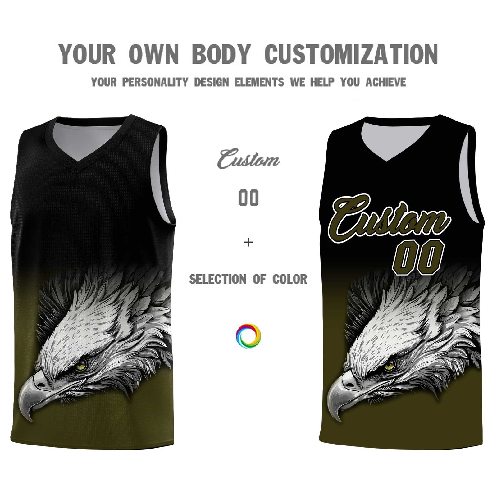 Custom Black Olive Eagle Pattern Graffiti Pattern Sports Uniform Basketball Jersey