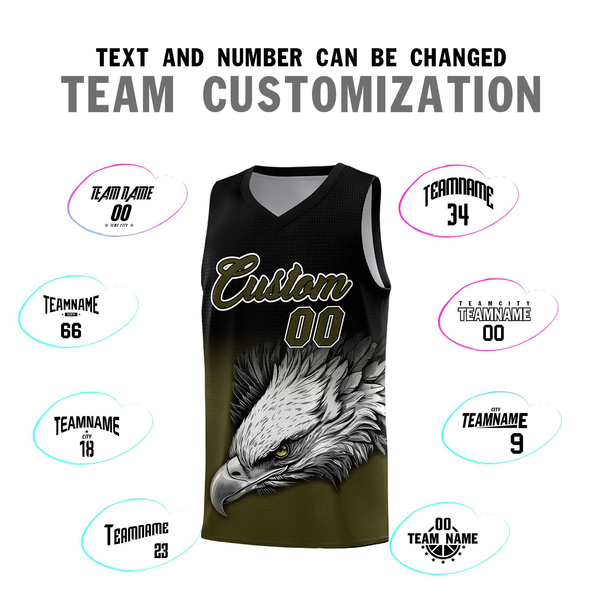 Custom Black Olive Eagle Pattern Graffiti Pattern Sports Uniform Basketball Jersey