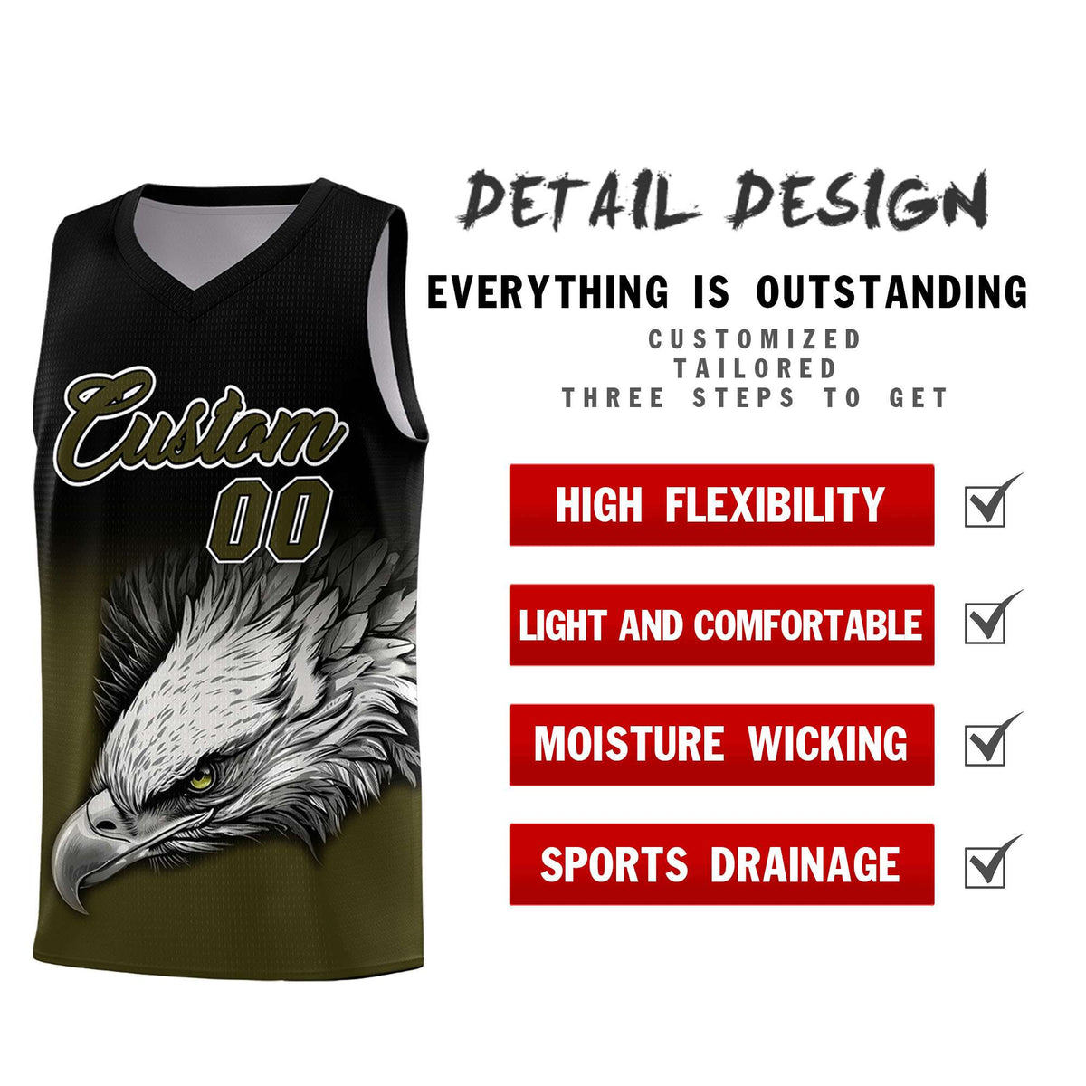 Custom Black Olive Eagle Pattern Graffiti Pattern Sports Uniform Basketball Jersey