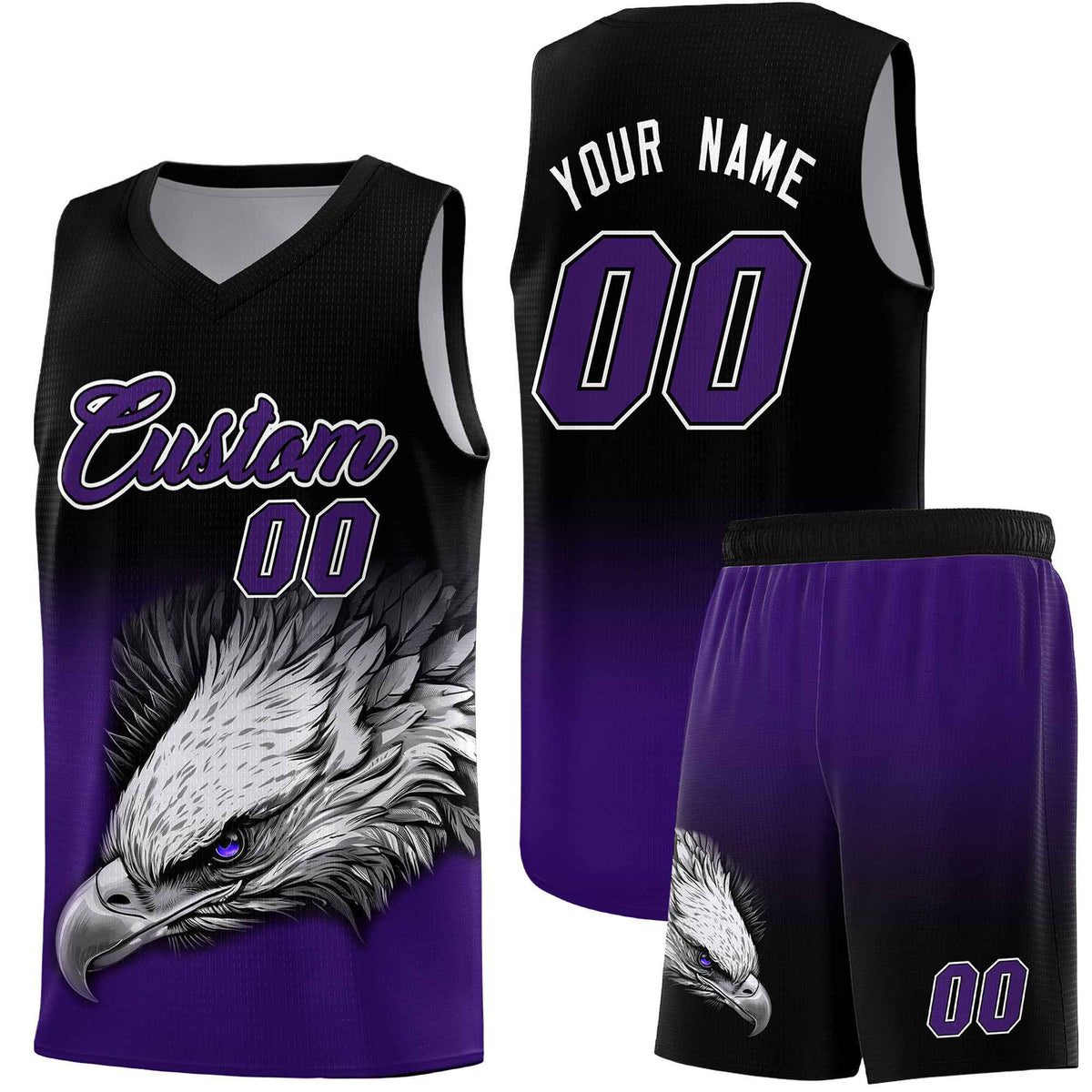 Custom Black Purple Eagle Pattern Graffiti Pattern Sports Uniform Basketball Jersey
