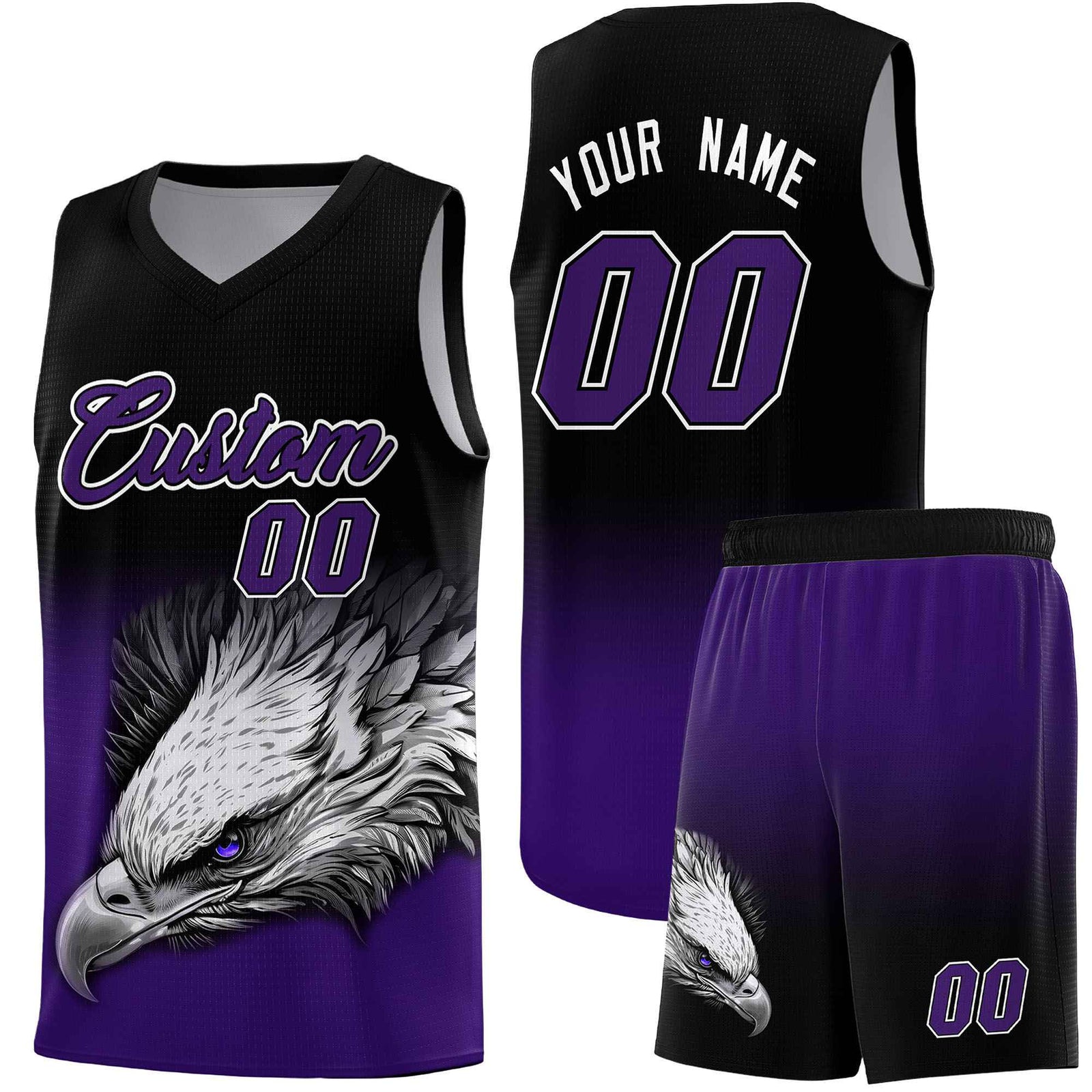 Custom Black Purple Eagle Pattern Graffiti Pattern Sports Uniform Basketball Jersey