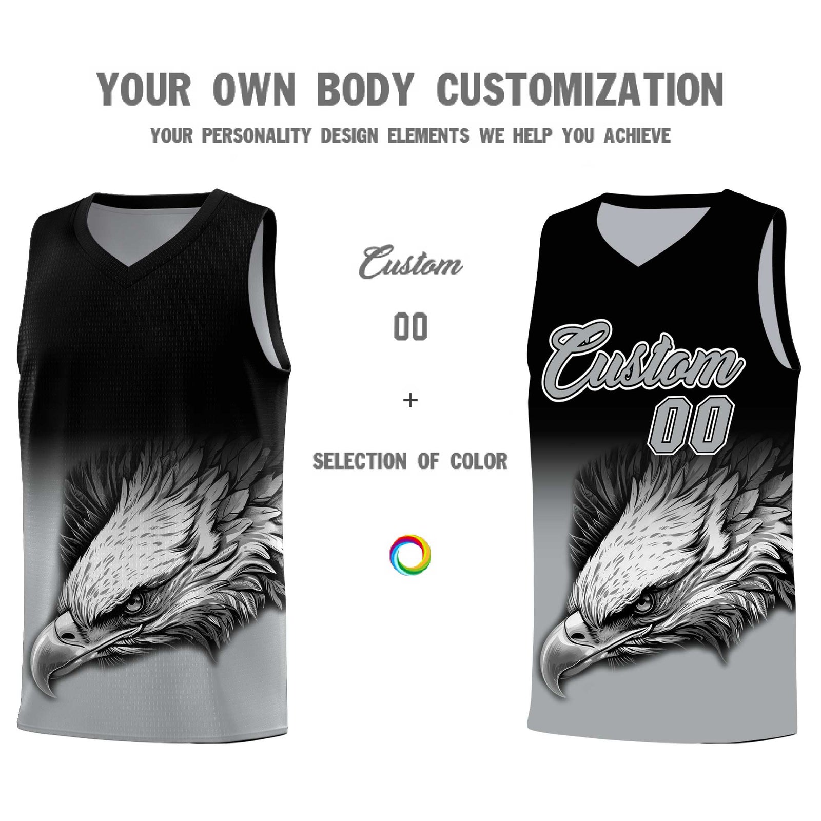 Custom Black Gray Eagle Pattern Graffiti Pattern Sports Uniform Basketball Jersey