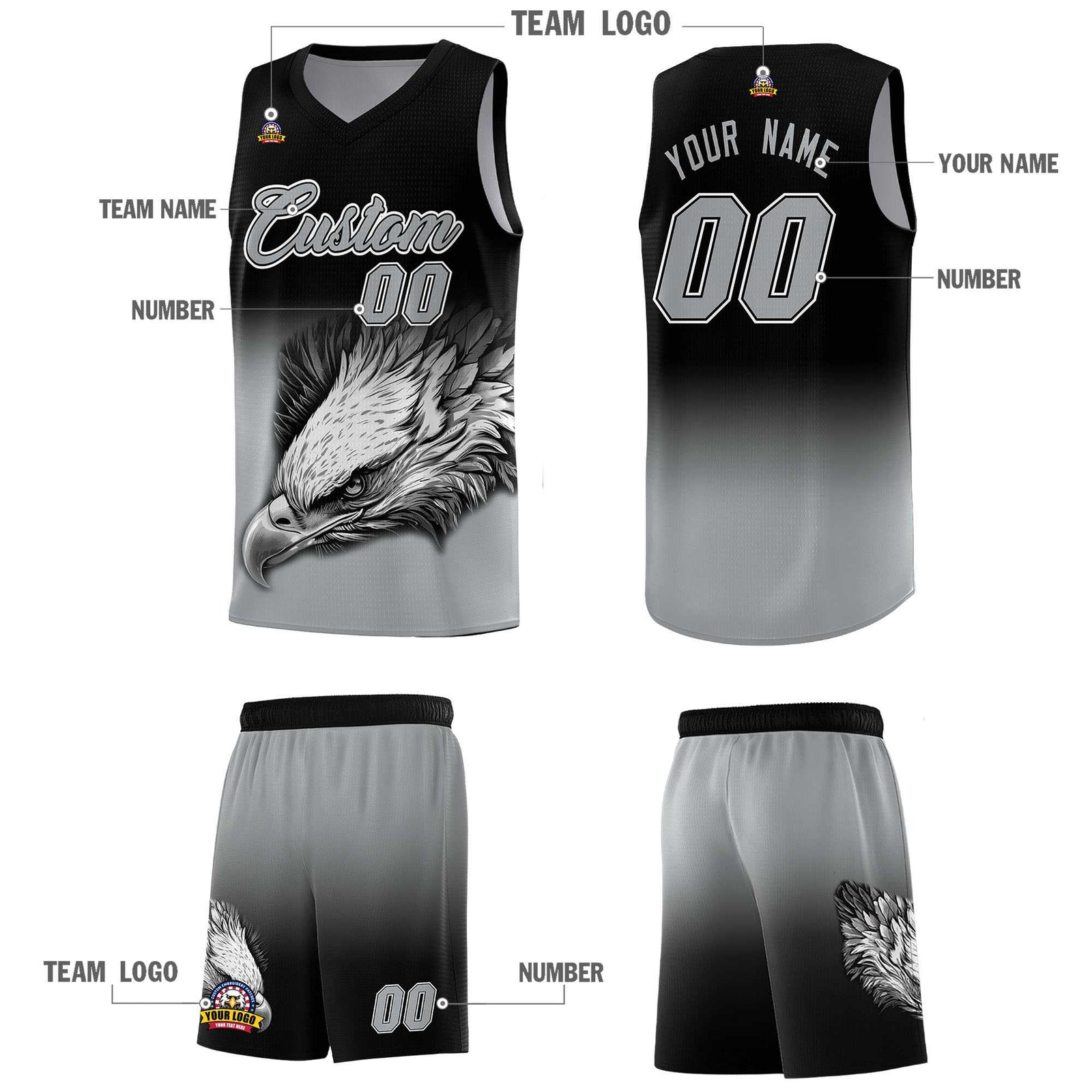 Custom Black Gray Eagle Pattern Graffiti Pattern Sports Uniform Basketball Jersey