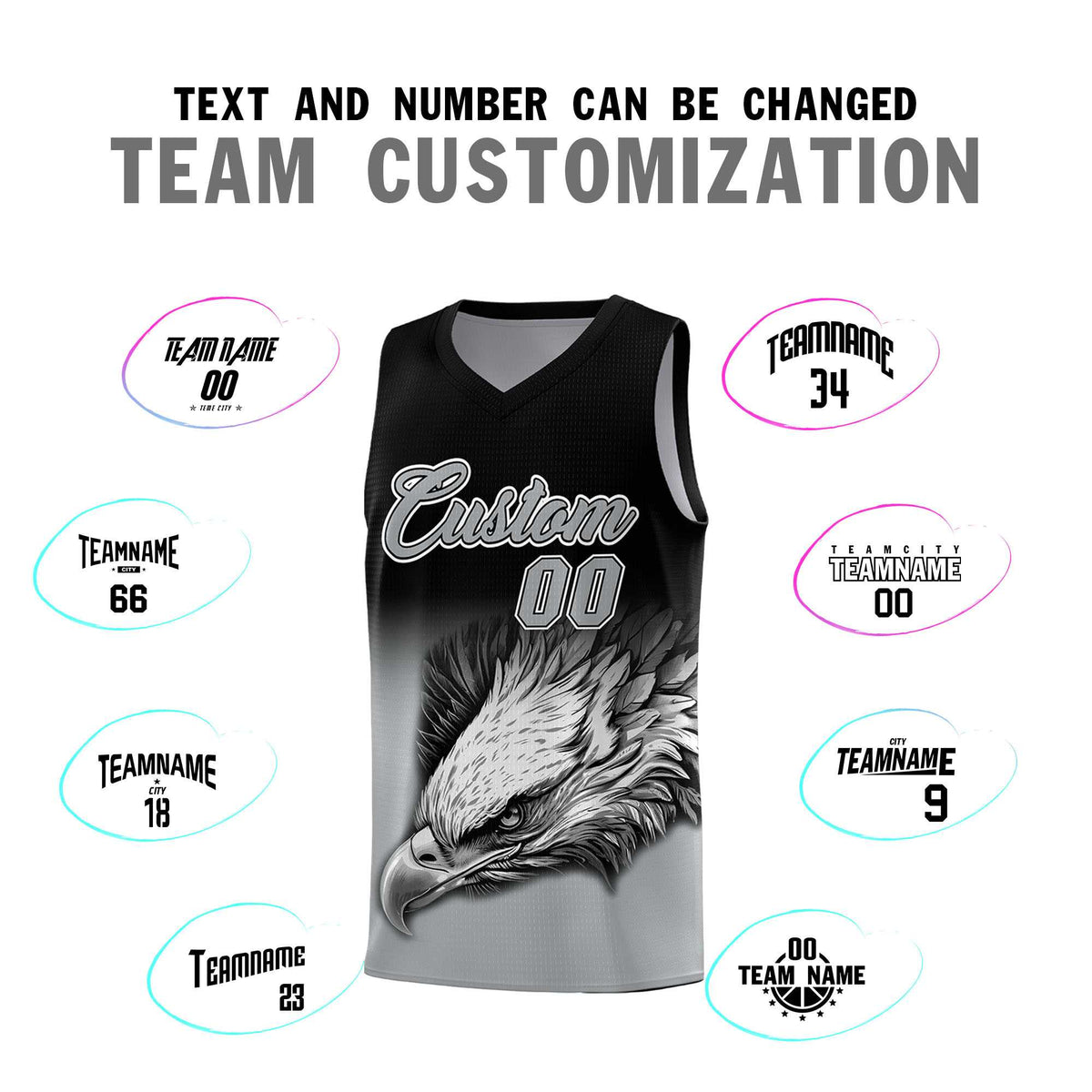 Custom Black Gray Eagle Pattern Graffiti Pattern Sports Uniform Basketball Jersey