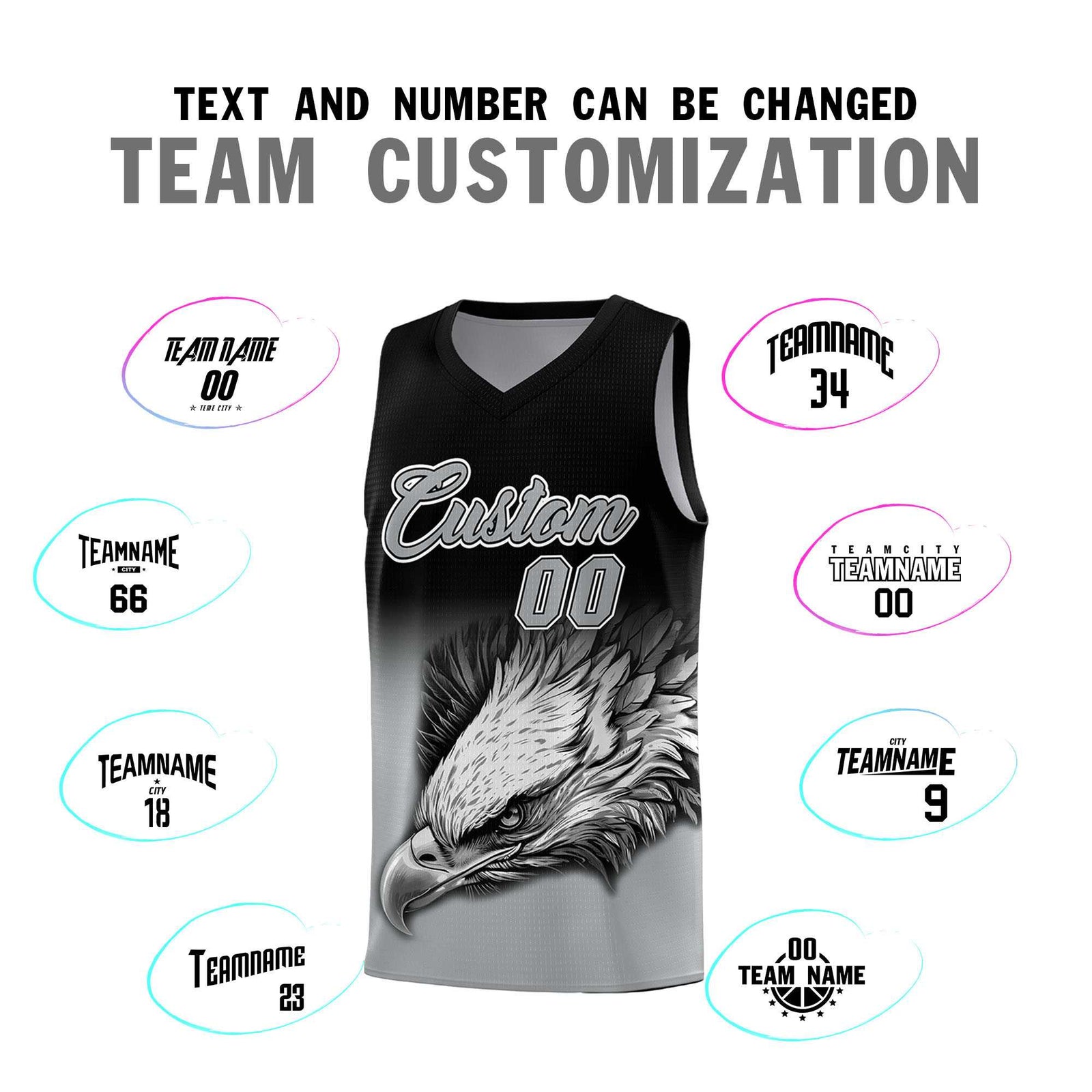 Custom Black Gray Eagle Pattern Graffiti Pattern Sports Uniform Basketball Jersey