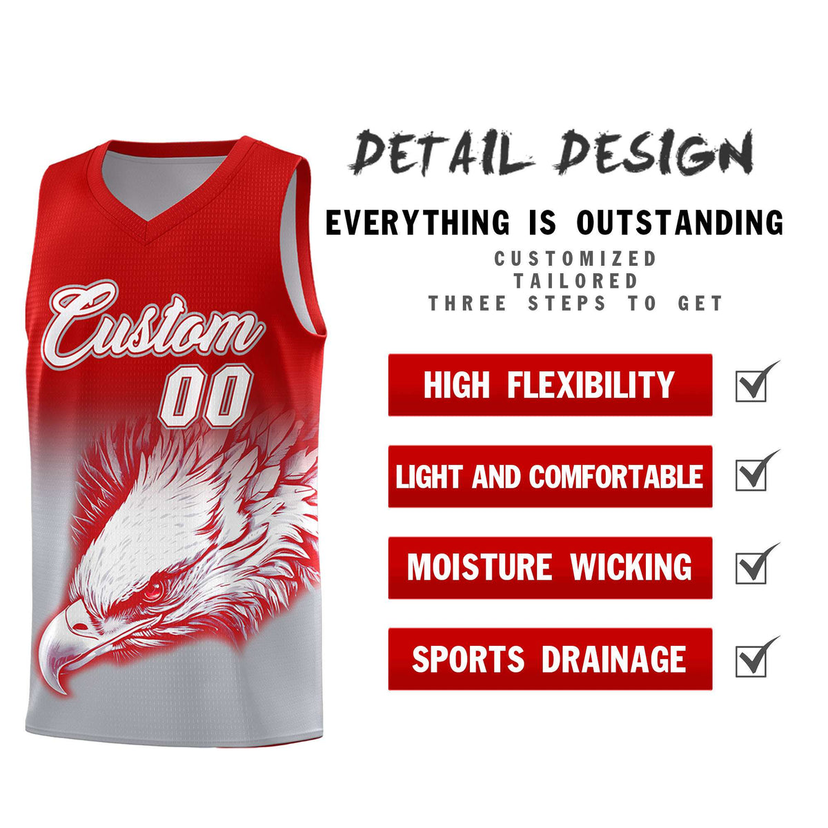 Custom Red Gray Eagle Pattern Graffiti Pattern Sports Uniform Basketball Jersey