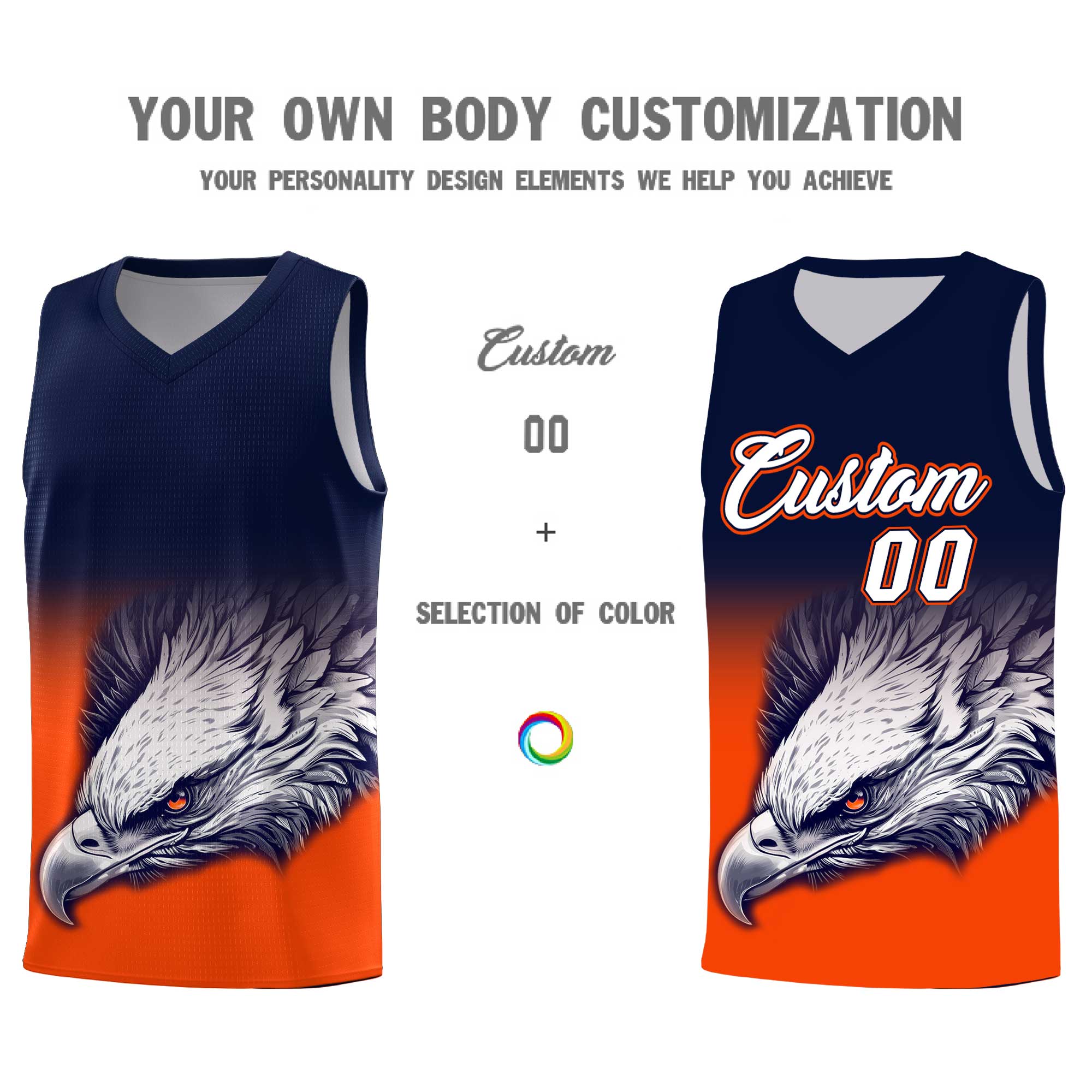 Custom Navy Orange Eagle Pattern Graffiti Pattern Sports Uniform Basketball Jersey