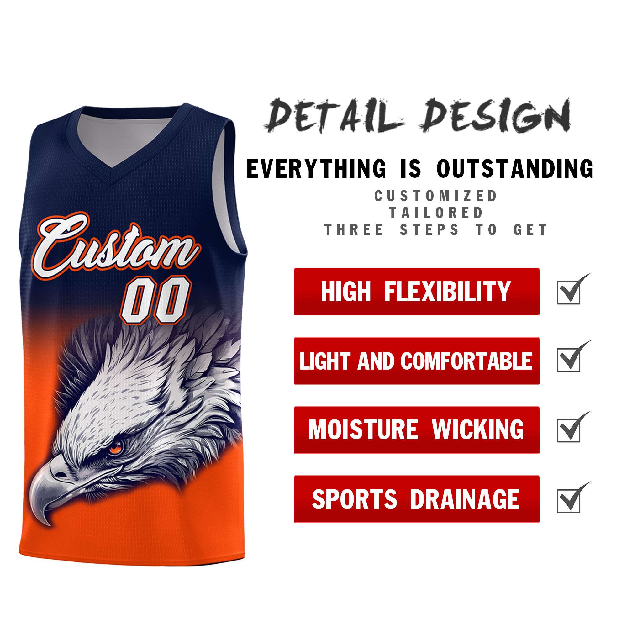 Custom Navy Orange Eagle Pattern Graffiti Pattern Sports Uniform Basketball Jersey