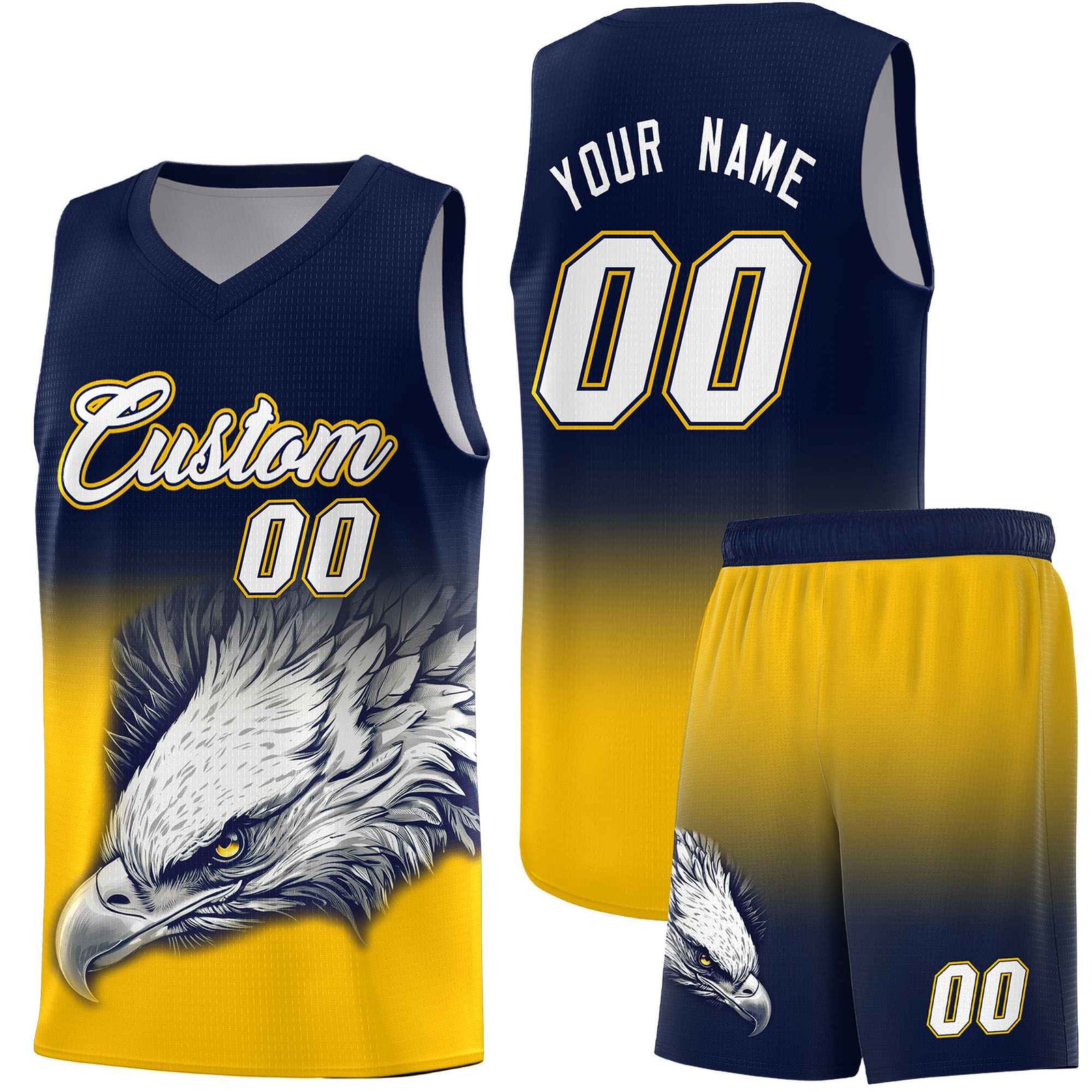 Custom Navy Yellow Eagle Pattern Graffiti Pattern Sports Uniform Basketball Jersey