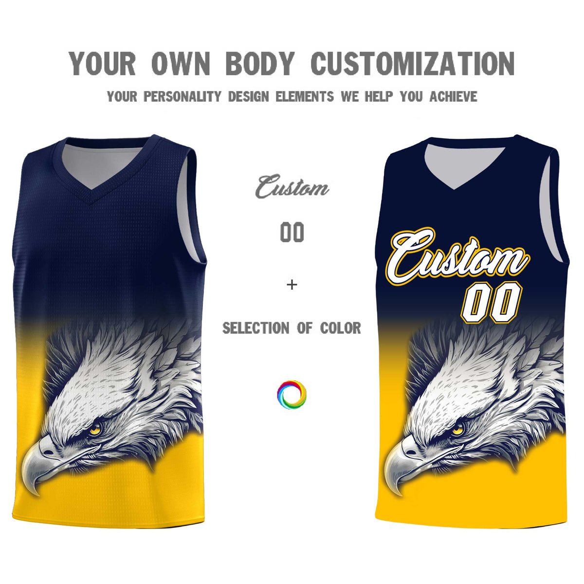 Custom Navy Yellow Eagle Pattern Graffiti Pattern Sports Uniform Basketball Jersey