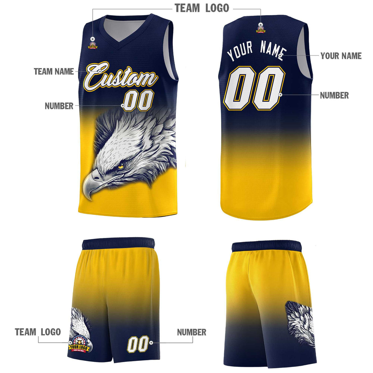 Custom Navy Yellow Eagle Pattern Graffiti Pattern Sports Uniform Basketball Jersey