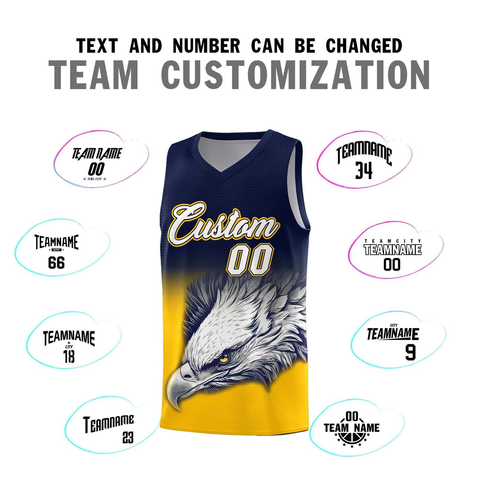 Custom Navy Yellow Eagle Pattern Graffiti Pattern Sports Uniform Basketball Jersey