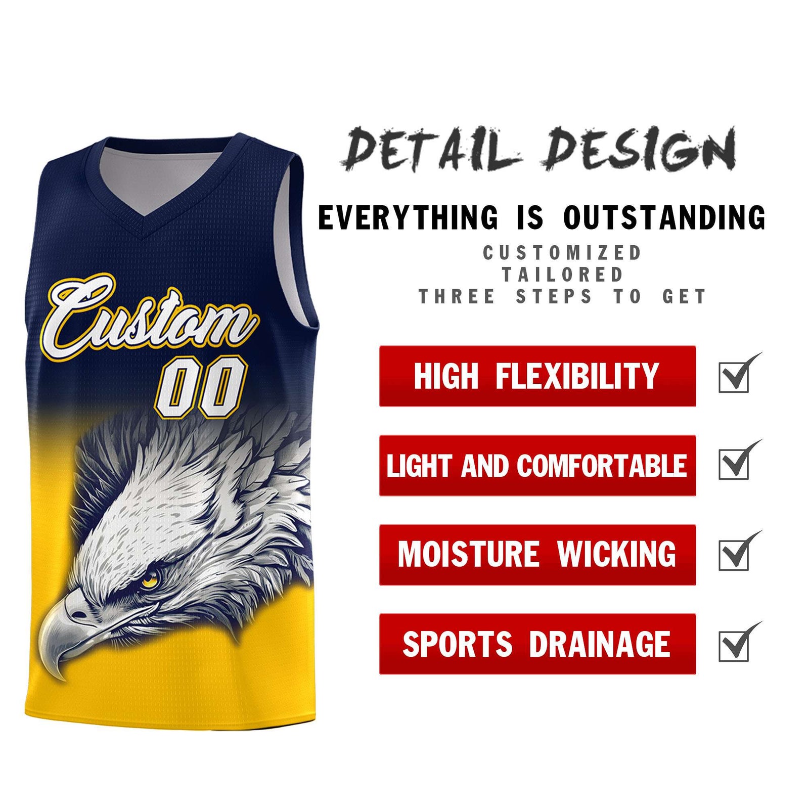 Custom Navy Yellow Eagle Pattern Graffiti Pattern Sports Uniform Basketball Jersey
