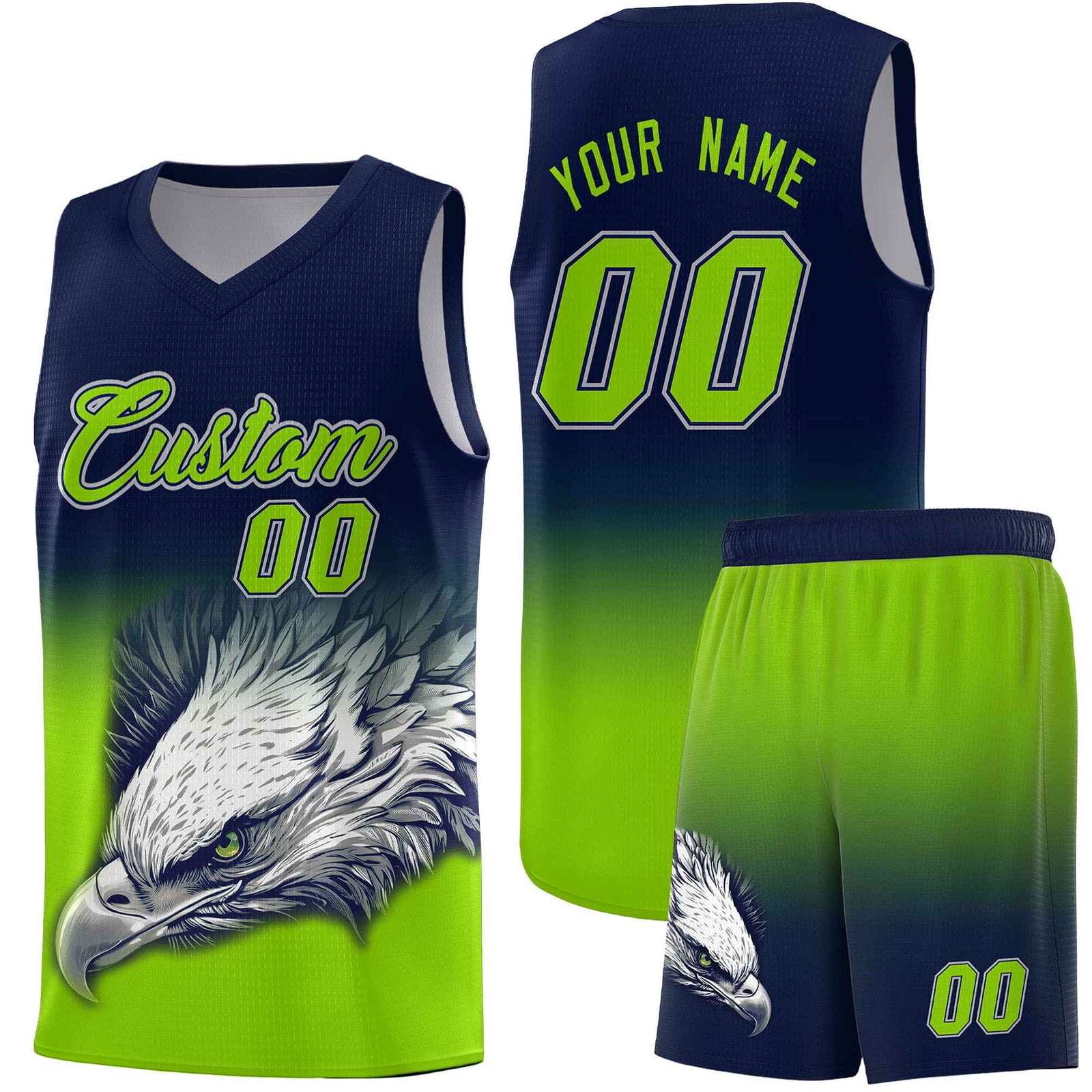 Custom Navy Neon Green Eagle Pattern Graffiti Pattern Sports Uniform Basketball Jersey