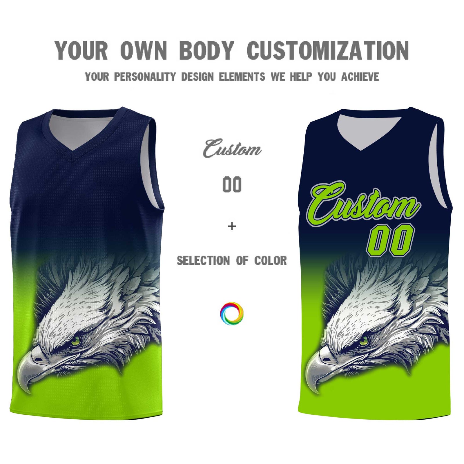 Custom Navy Neon Green Eagle Pattern Graffiti Pattern Sports Uniform Basketball Jersey