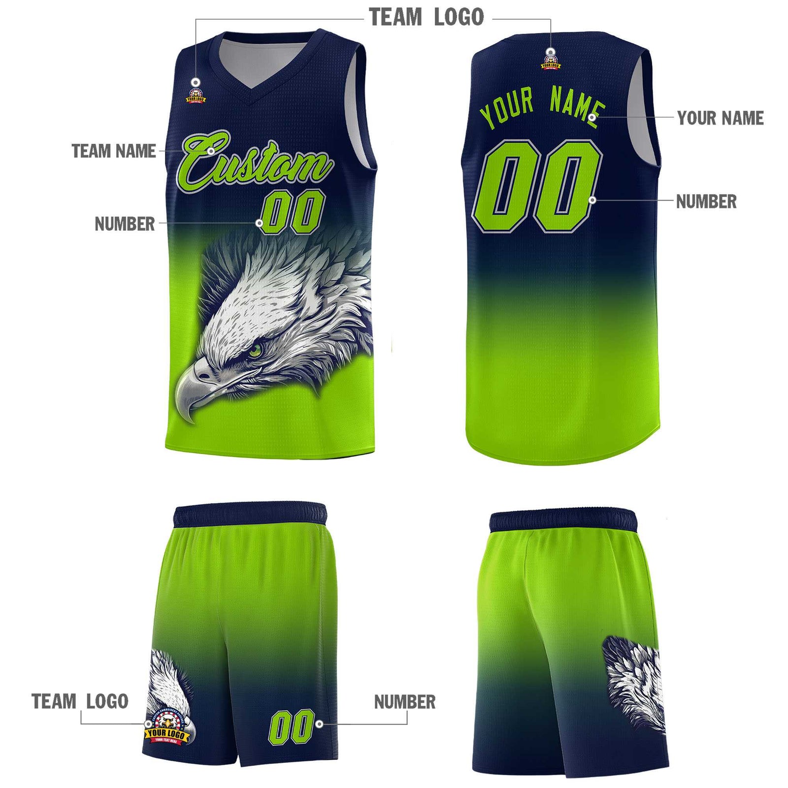 Custom Navy Neon Green Eagle Pattern Graffiti Pattern Sports Uniform Basketball Jersey