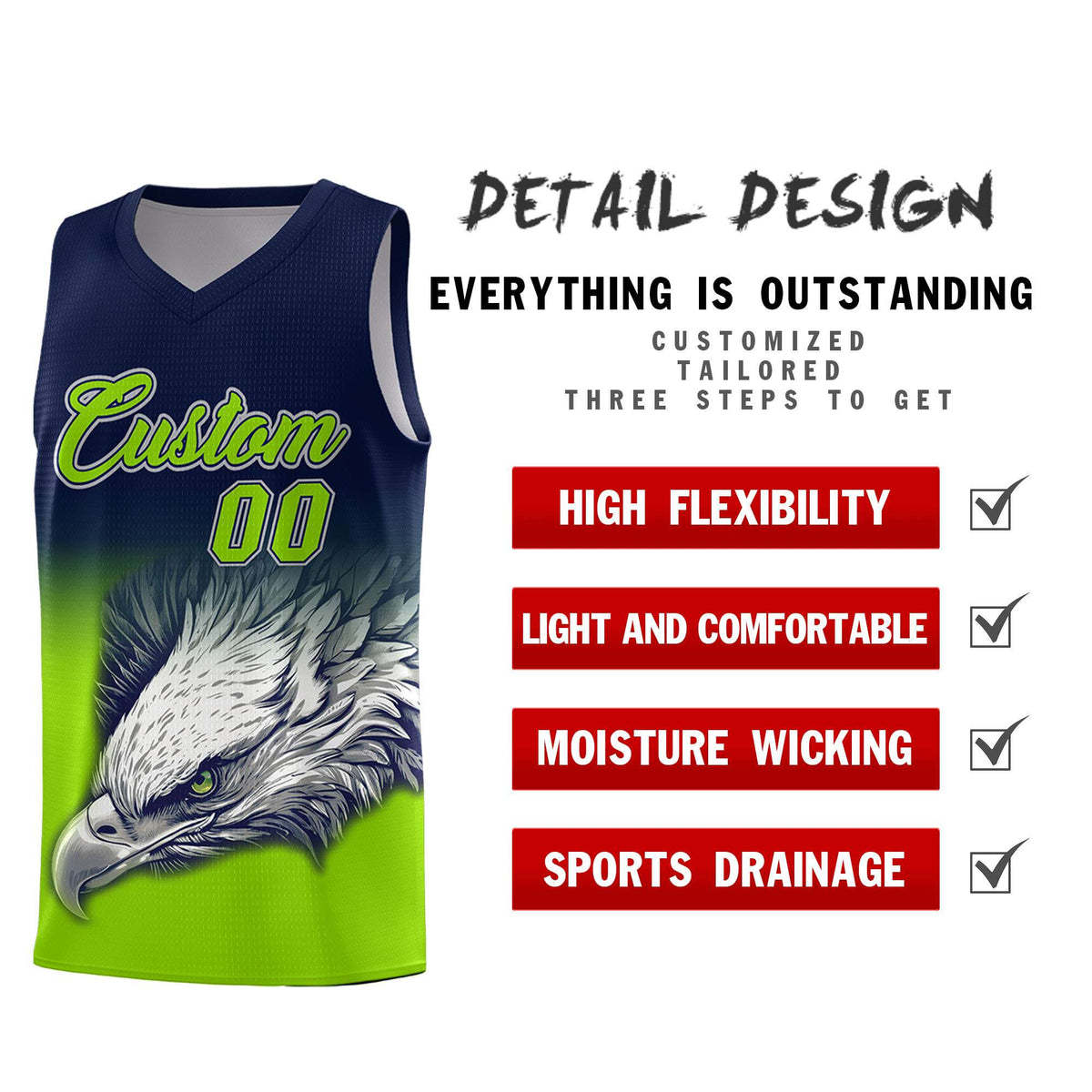 Custom Navy Neon Green Eagle Pattern Graffiti Pattern Sports Uniform Basketball Jersey