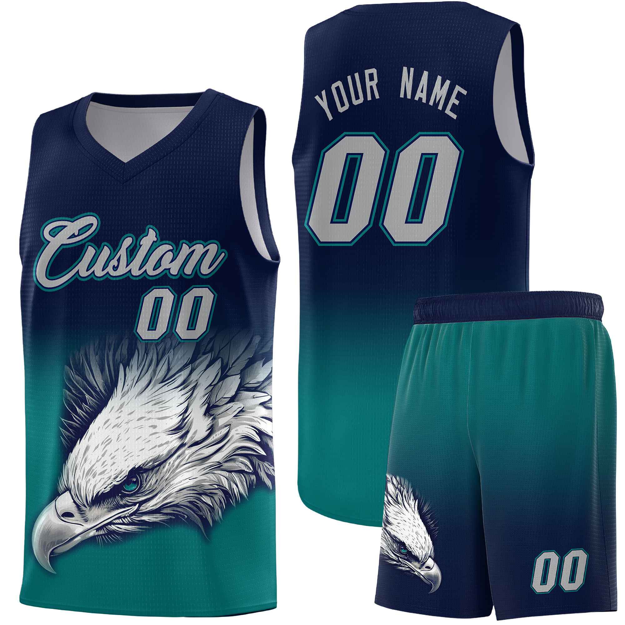 Custom Navy Teal Eagle Pattern Graffiti Pattern Sports Uniform Basketball Jersey
